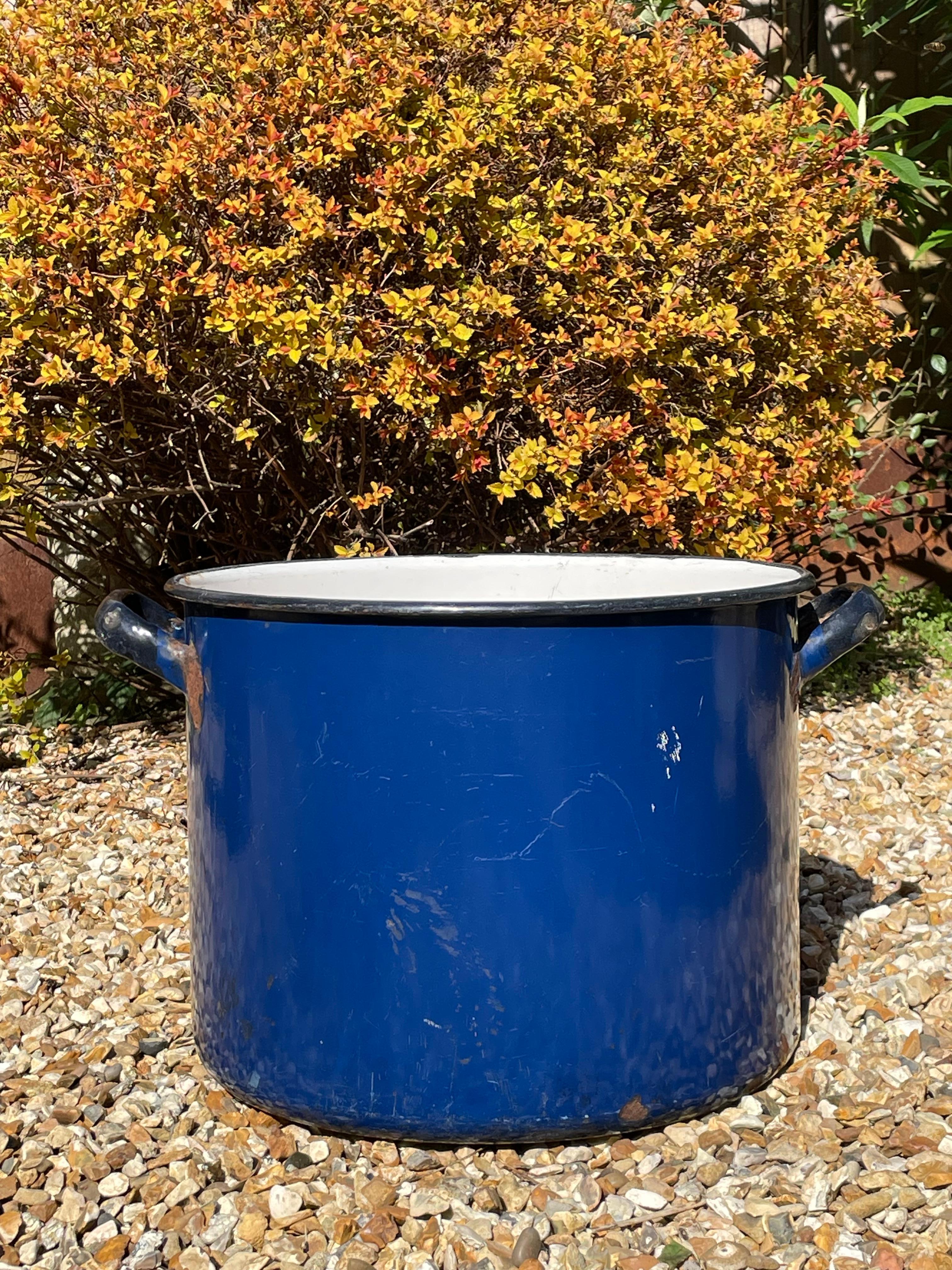 Extra large industrial Royal Blue enamelled planter. 

A beautiful large vintage piece with loads of character and patina. Large looped handles at the sides. This look beautiful planted with large shrubs or trees both inside and out.

We have three