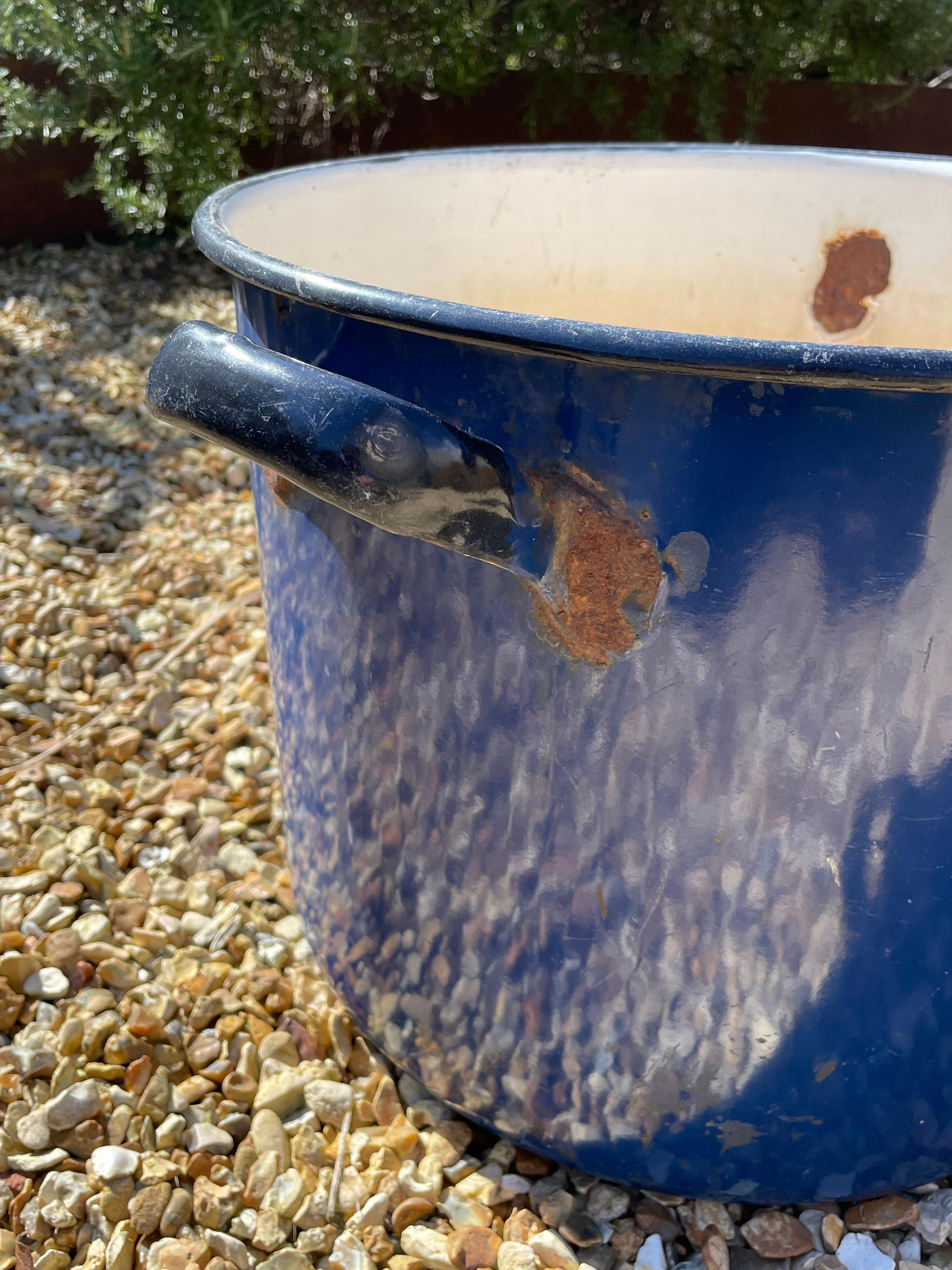 20th Century Extra Large Vintage Industrial Royal Blue Enamelled Metal Planter For Sale
