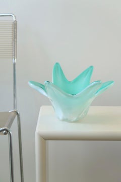 Extra Large Vintage Murano Alabstro Green Blue Ribbed Glass Bowl