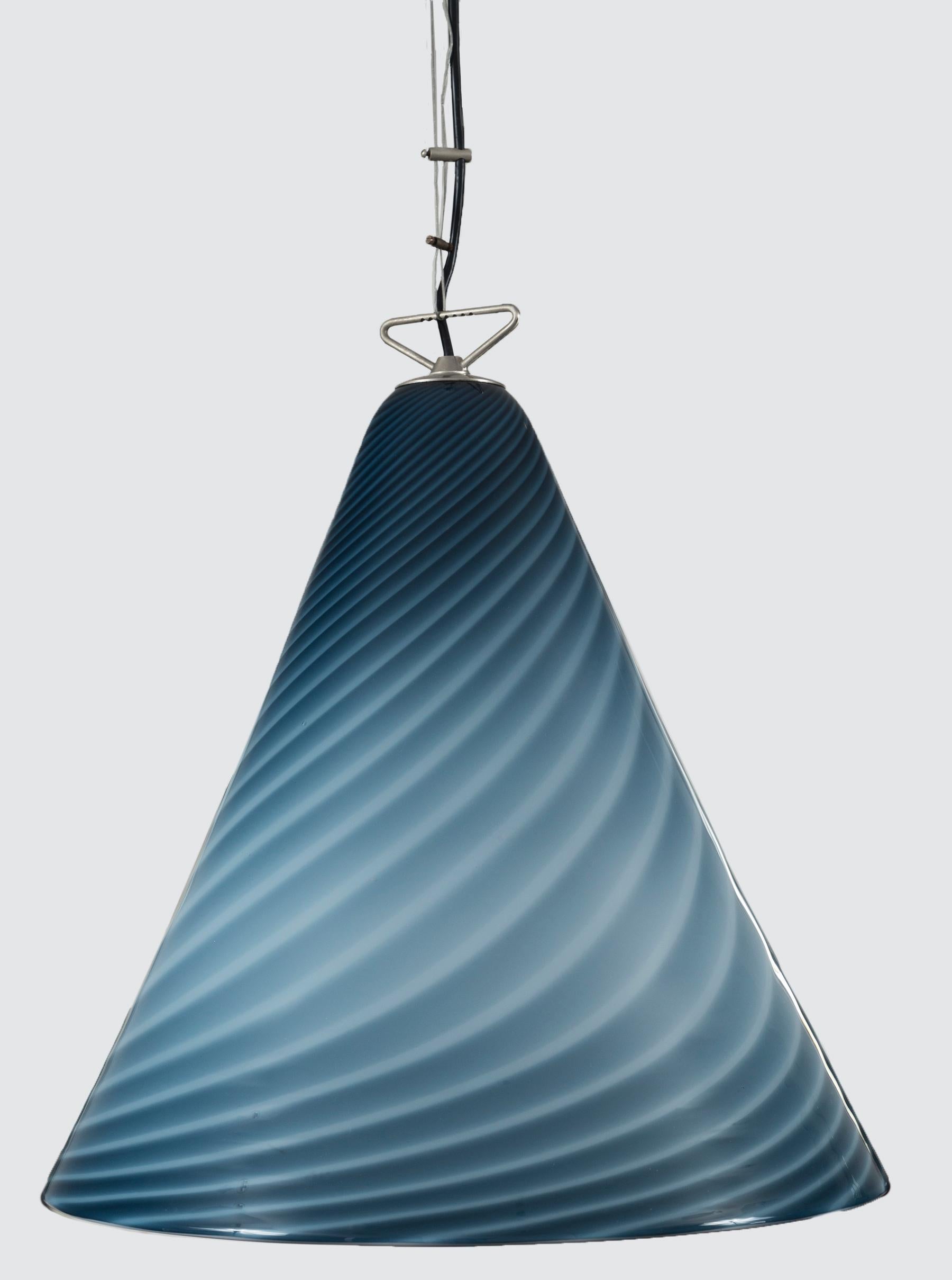 Rare sleek & oversized modern conical form Murano pendant, blown in a beautiful swirl technique incorporating two tones greige blues. Shown with its orginal matte silver hardware.

This is sold as re-electrified with UL certification and hung