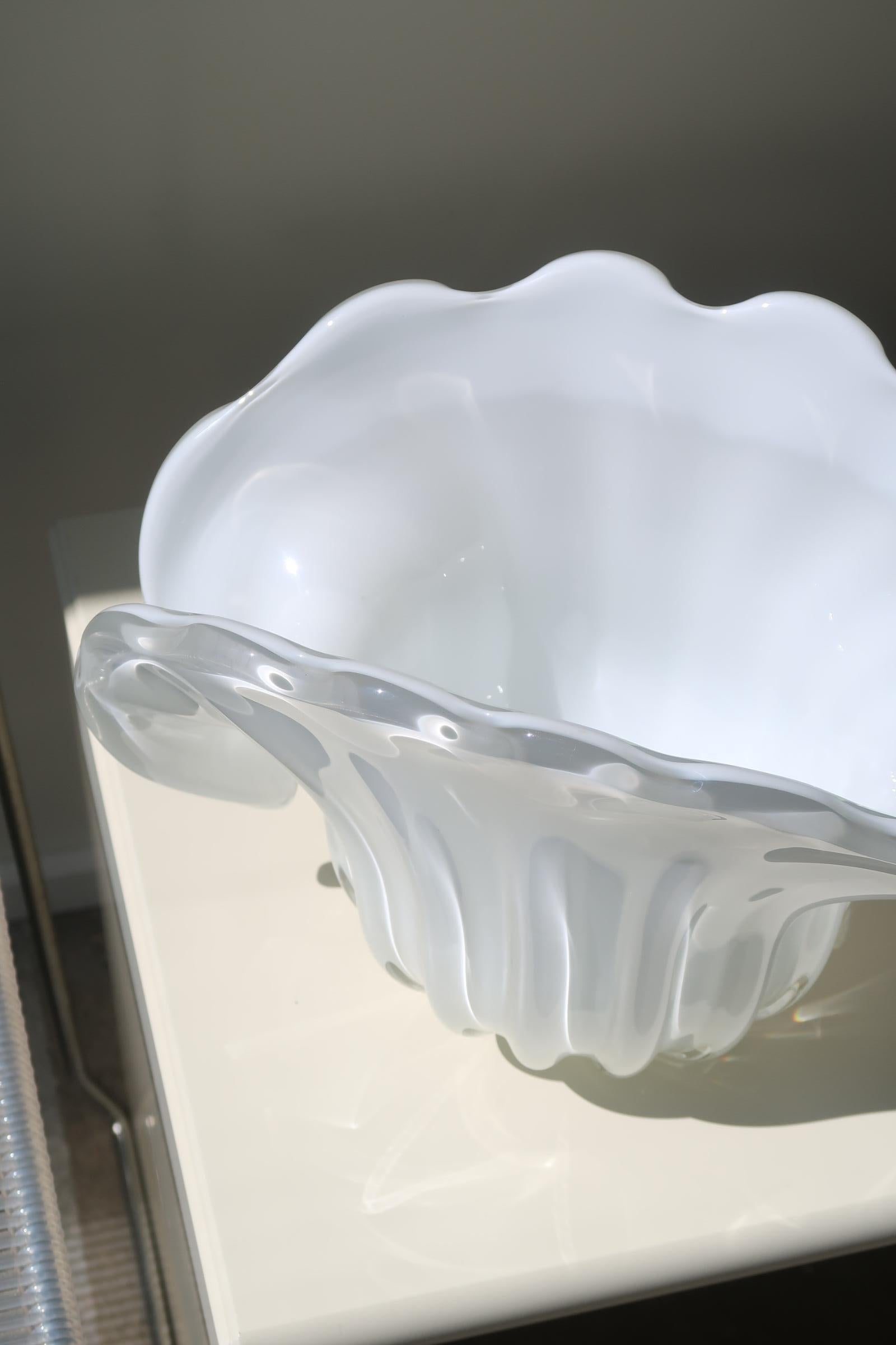 Extra Large Vintage Murano Formia Italian 70s Shell Clam Bowl Opal White Glass 1