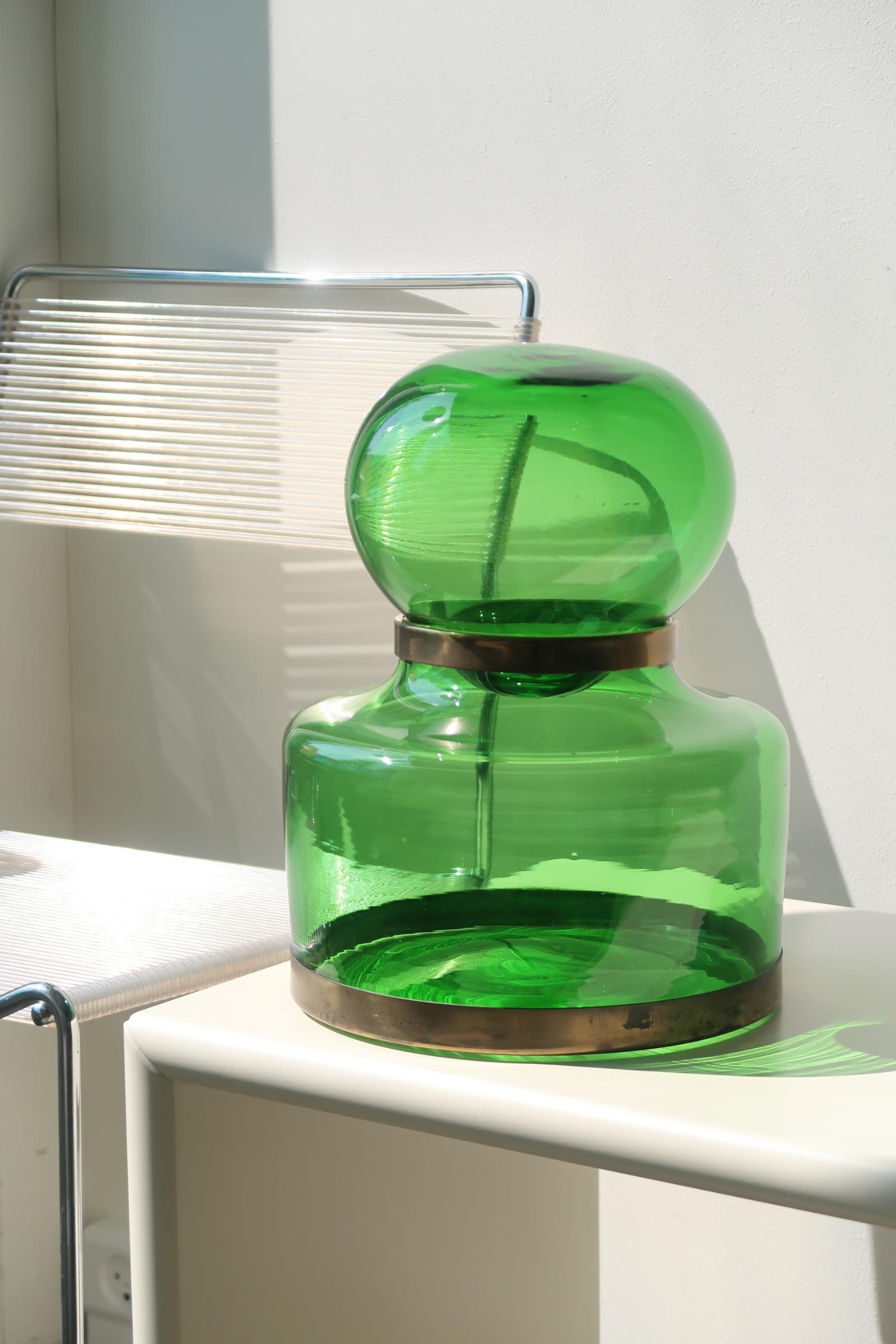 Extra Large Vintage Murano Italian 1970s Green Glass Vase Bonbonniere Jar Brass In Good Condition In Copenhagen, DK
