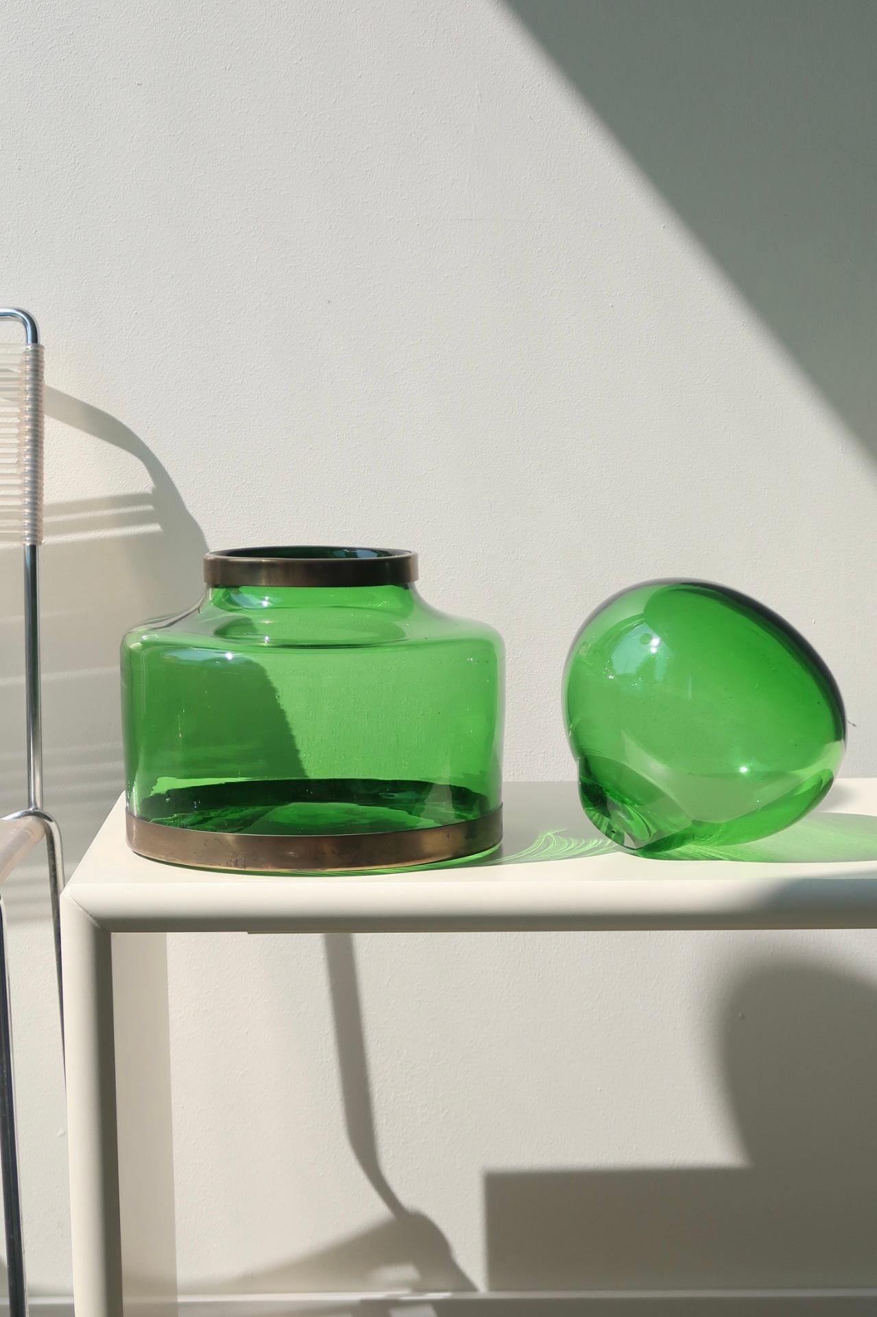 Extra Large Vintage Murano Italian 1970s Green Glass Vase Bonbonniere Jar Brass 2