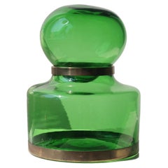 Extra Large Vintage Murano Italian 1970s Green Glass Vase Bonbonniere Jar Brass