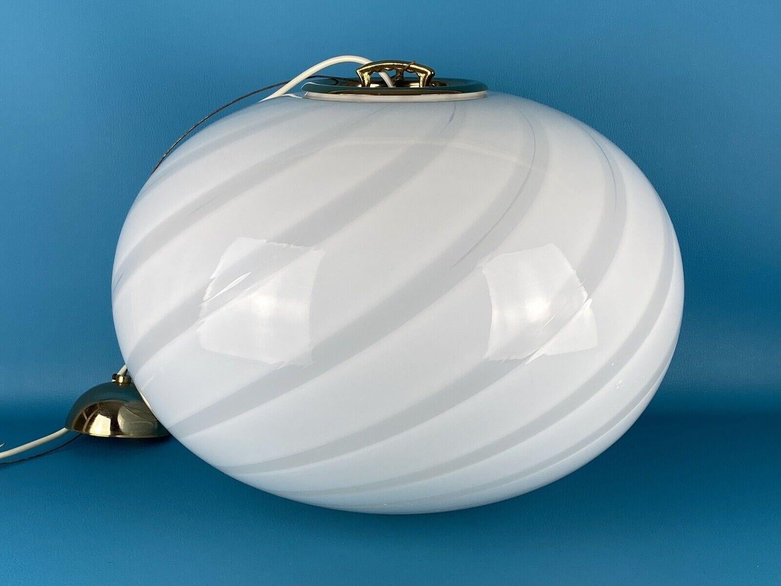 Mid-Century Modern Extra large vintage Murano pendant chandelier white swirl glass brass, 1970s 