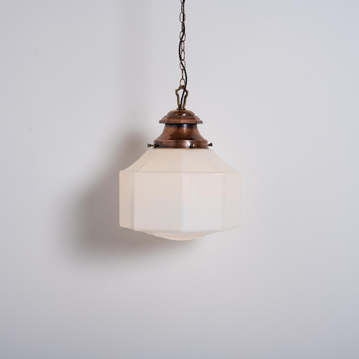 Extra Large Vintage Octagonal Opaline Pendant Light with Cast Copper Canopy In Good Condition In Nottingham, GB