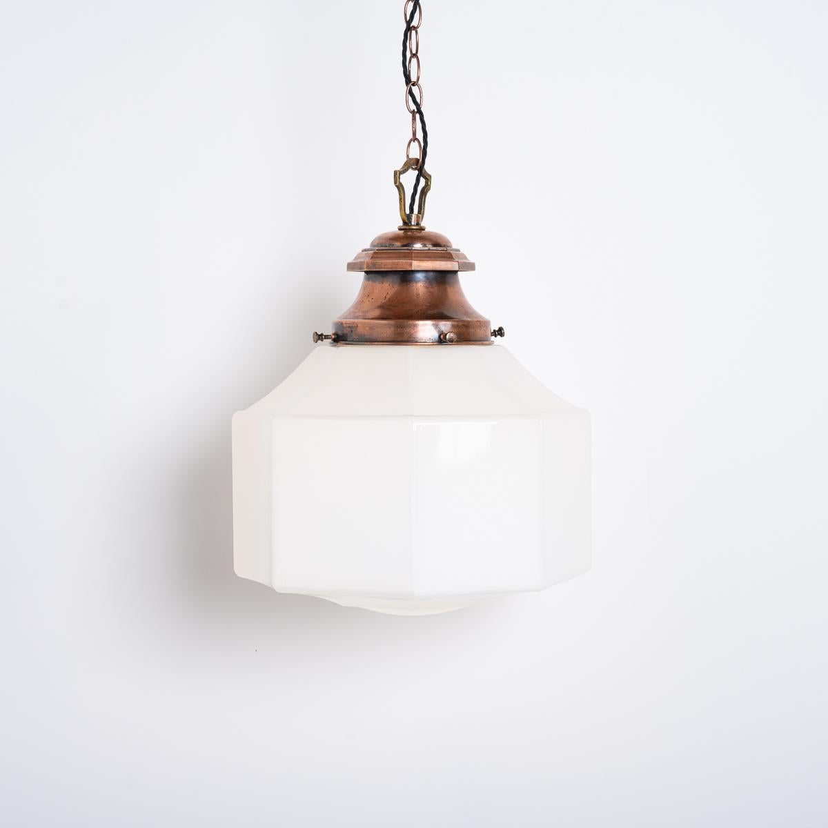 Mid-20th Century Extra Large Vintage Octagonal Opaline Pendant Light with Cast Copper Canopy