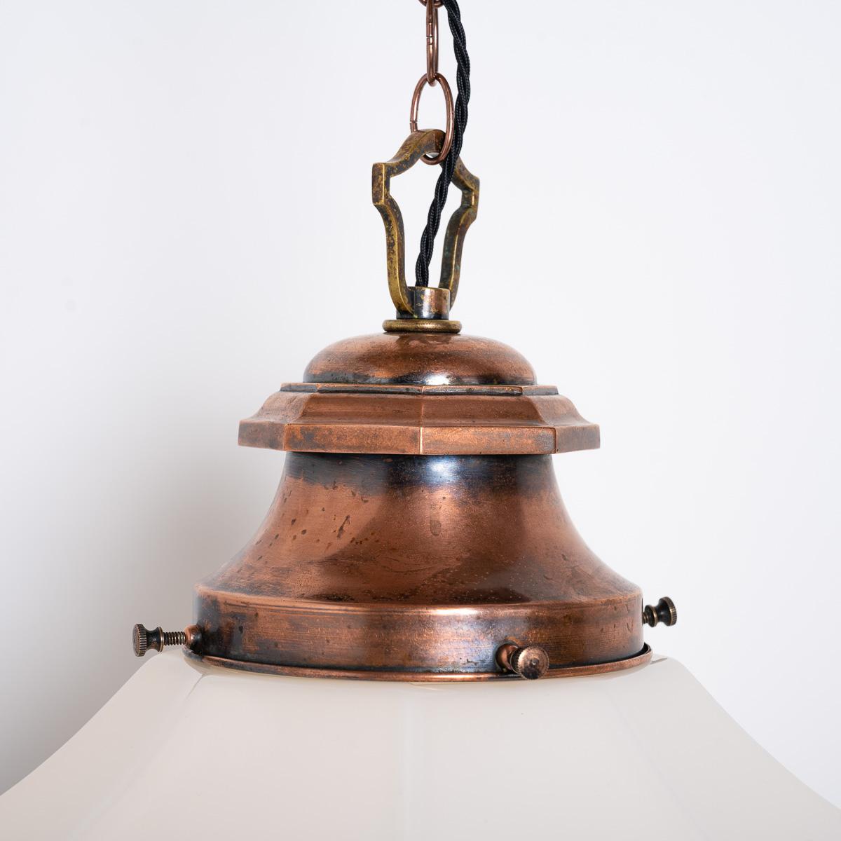 Blown Glass Extra Large Vintage Octagonal Opaline Pendant Light with Cast Copper Canopy