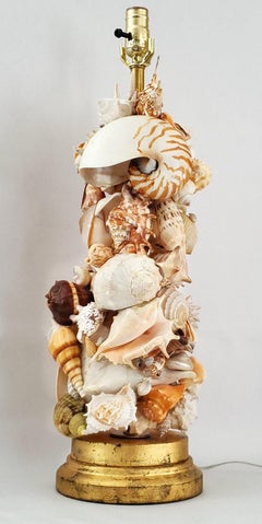 Extra-Large Vintage Seashell Table Lamp, Gold Leaf Base, 1950s