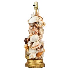 Extra-Large Vintage Seashell Table Lamp, Gold Leaf Base, 1950s