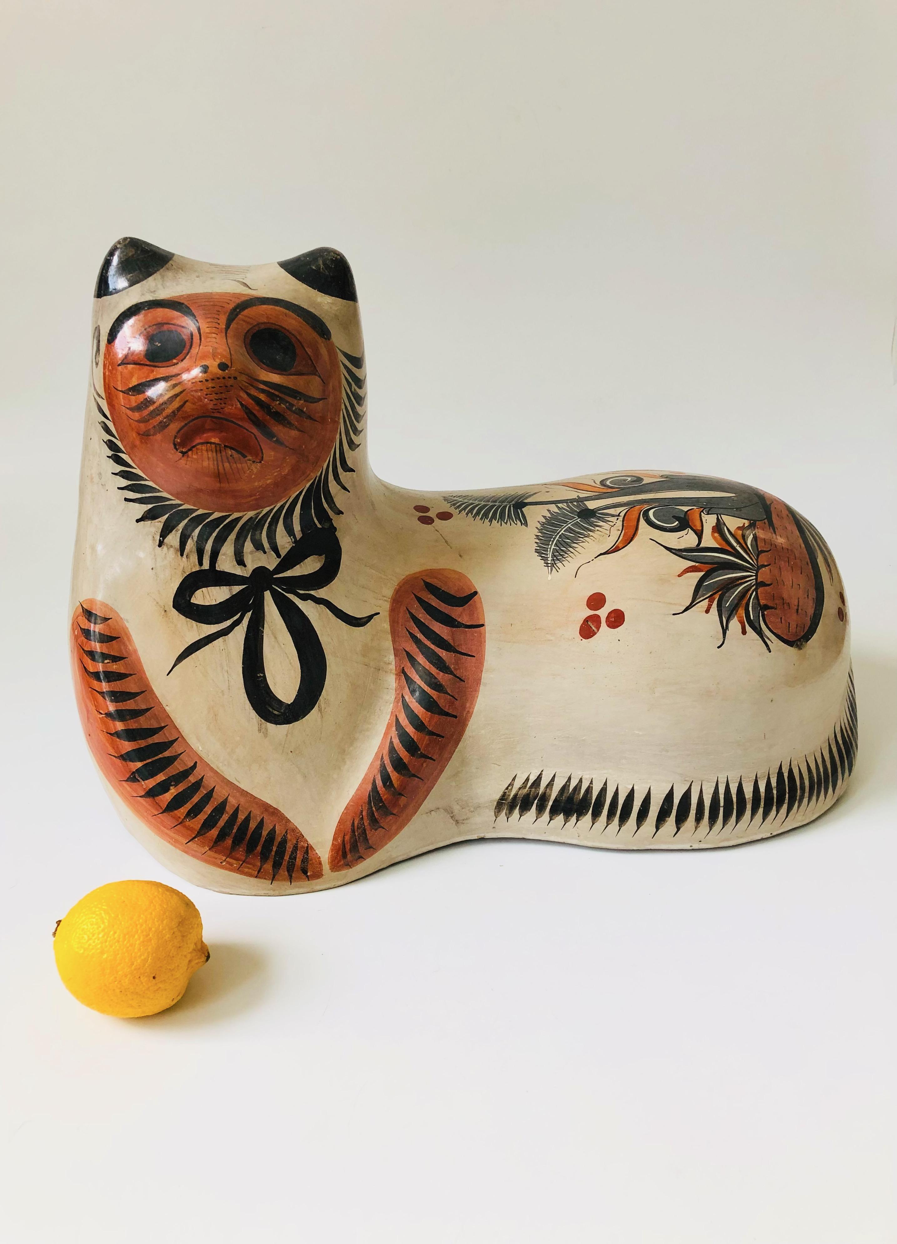 Extra Large Vintage Tonala Pottery Cat Statue 13