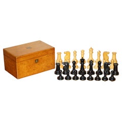 EXTRA LARGE WEiGHTED ANTIQUE VICTORIAN JUMBO STAUNTON CHESS SET ORIGINAL BOX