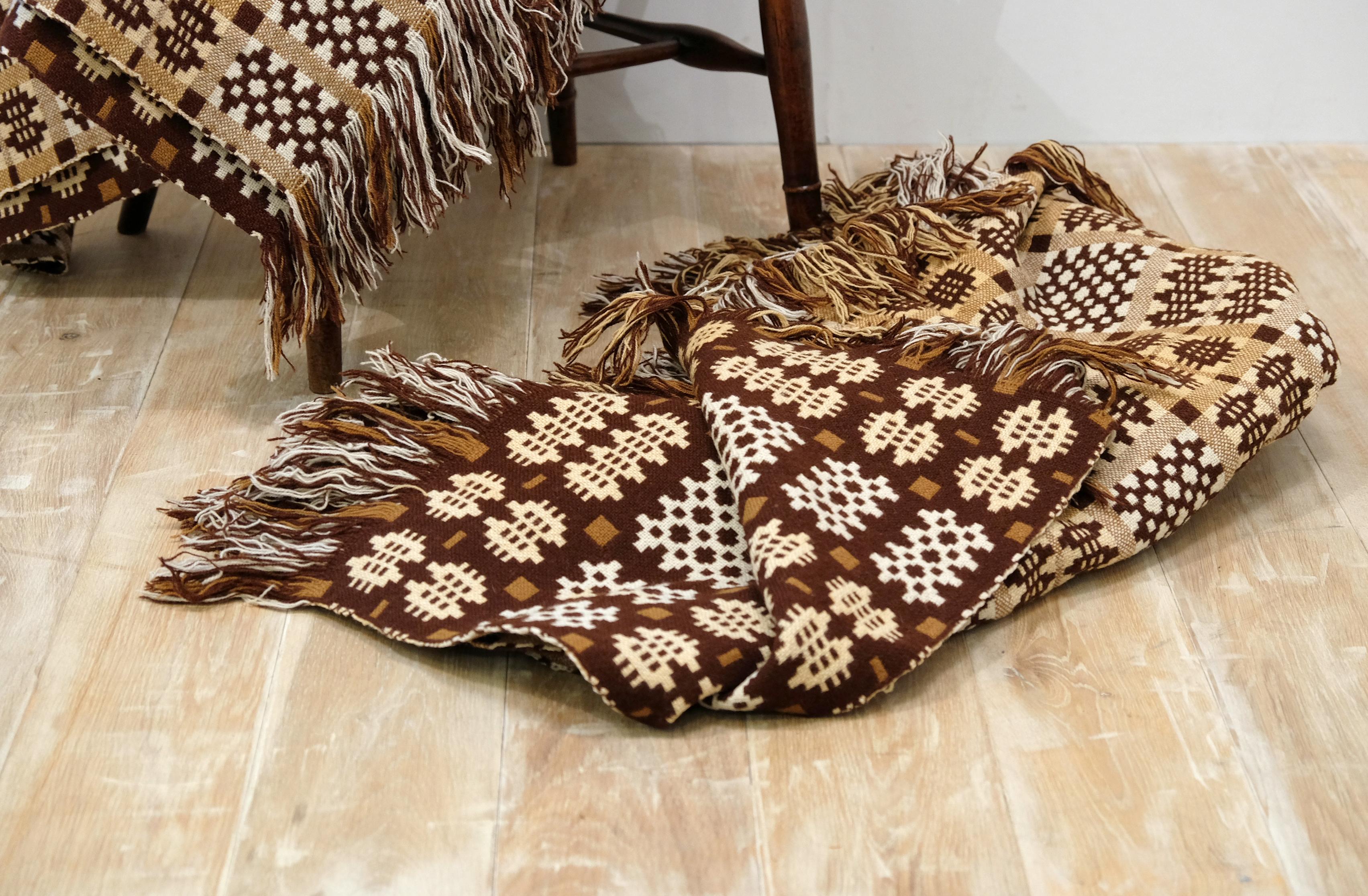 Modern Extra Large Welsh Blanket in Neutral Brown and Cream Wool