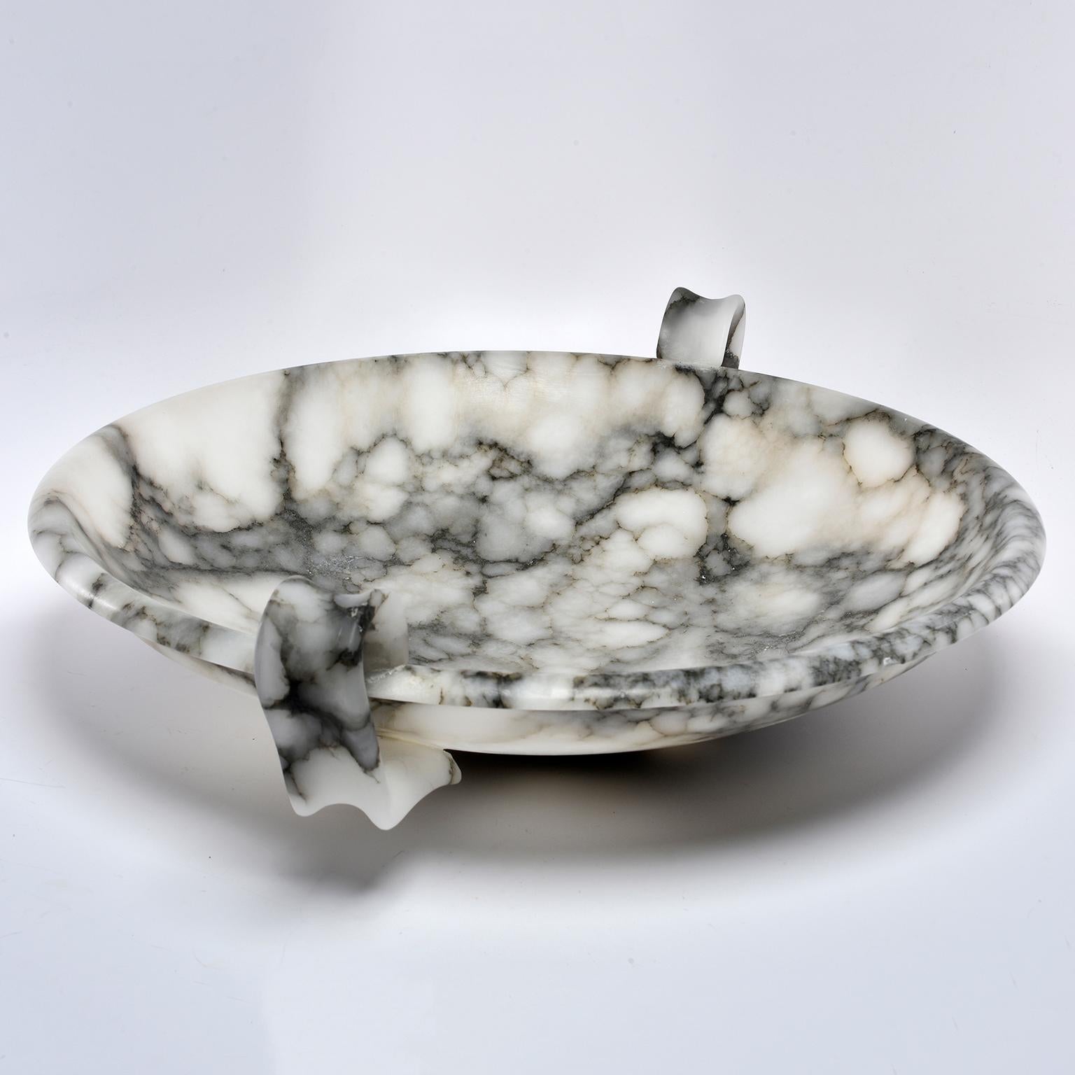 Contemporary Extra Large White and Gray Alabaster Centerpiece with Handles