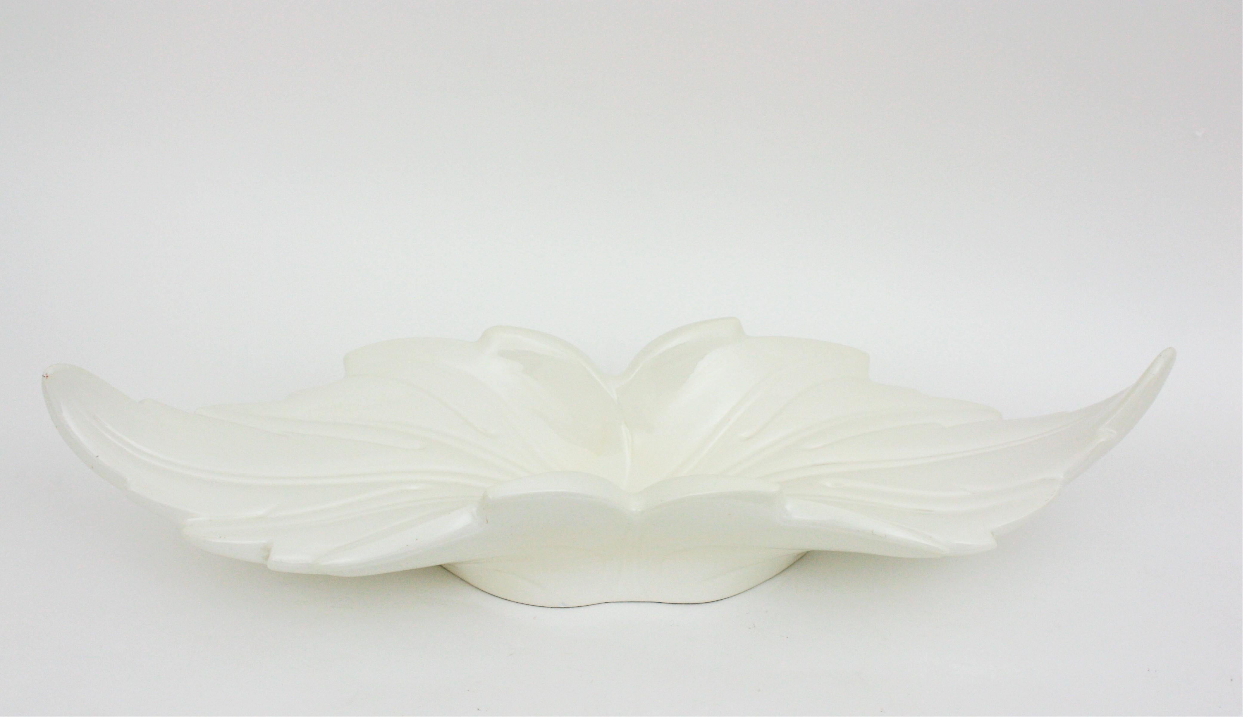 Extra Large Leaf Shaped Centerpiece Bowl / Fruit Bowl in White Glazed Ceramic For Sale 2