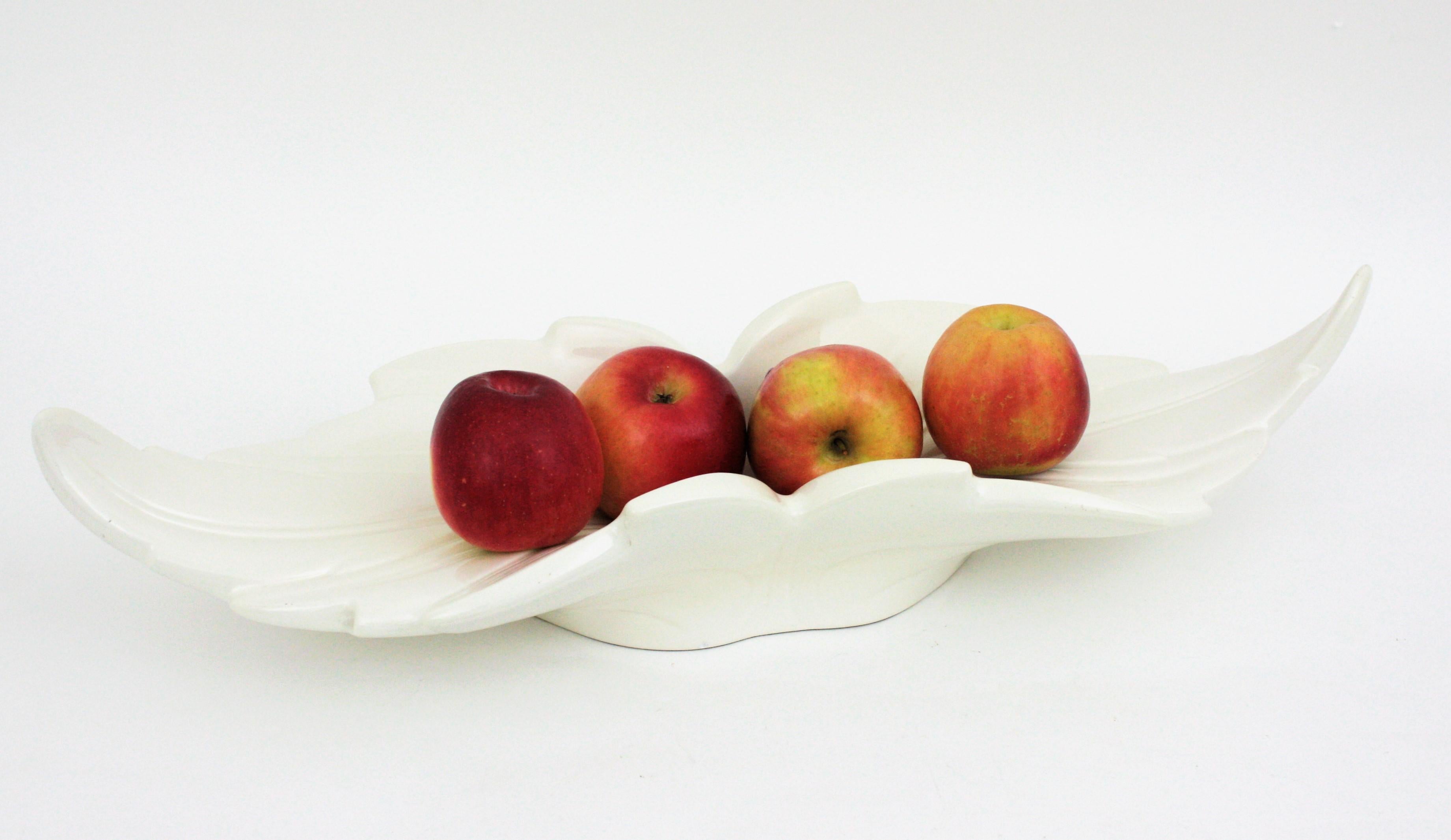 Extra Large Leaf Shaped Centerpiece Bowl / Fruit Bowl in White Glazed Ceramic For Sale 3