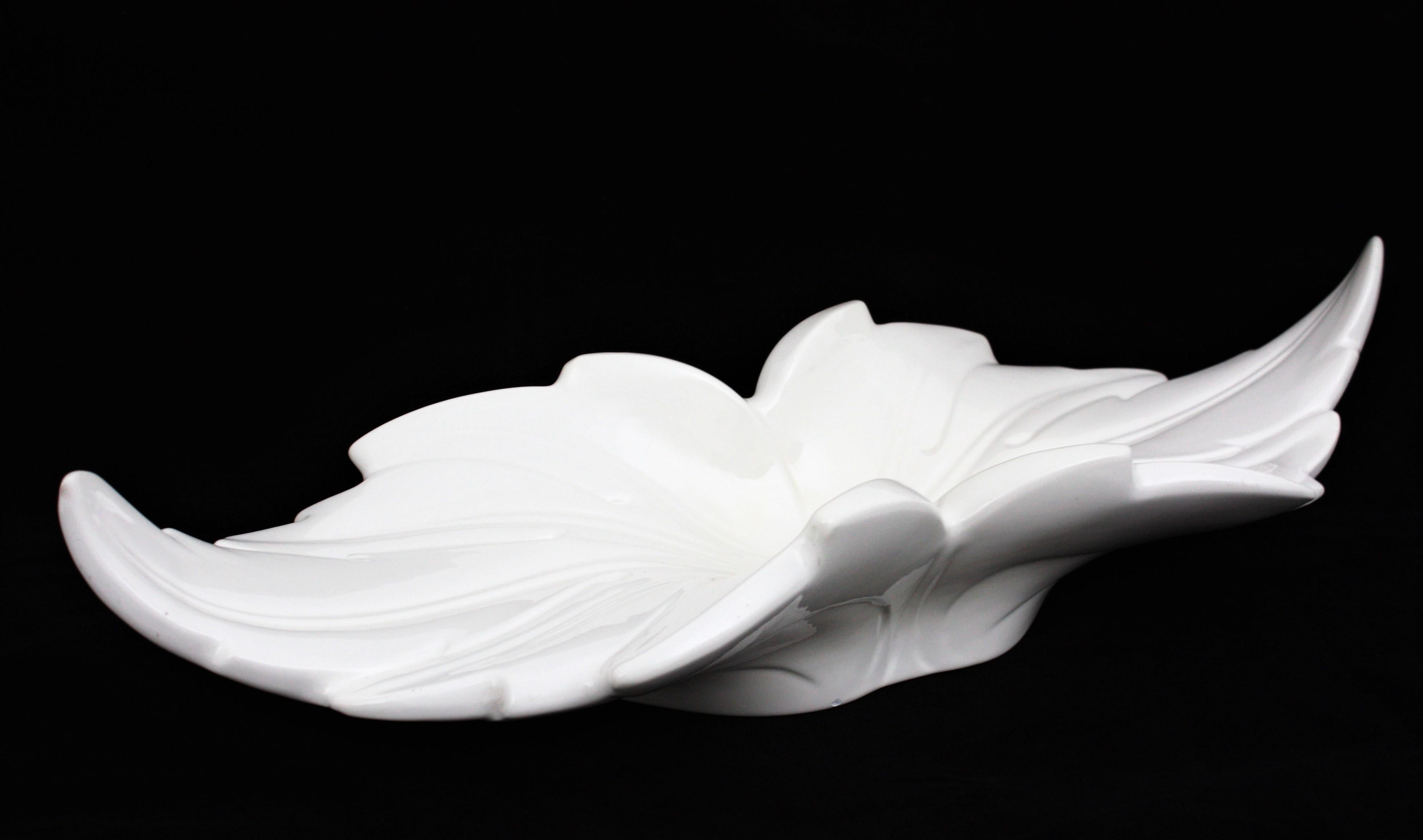 Mid-Century Modern Extra Large Leaf Shaped Centerpiece Bowl / Fruit Bowl in White Glazed Ceramic For Sale