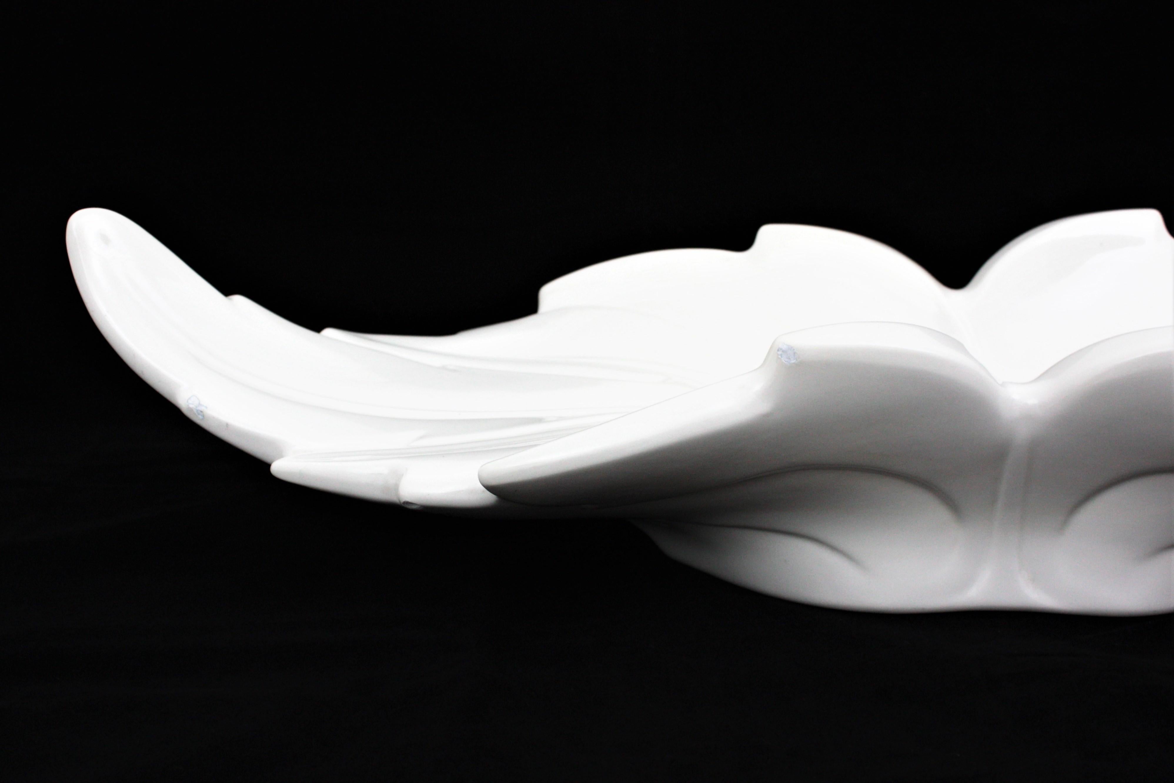 Spanish Extra Large Leaf Shaped Centerpiece Bowl / Fruit Bowl in White Glazed Ceramic For Sale