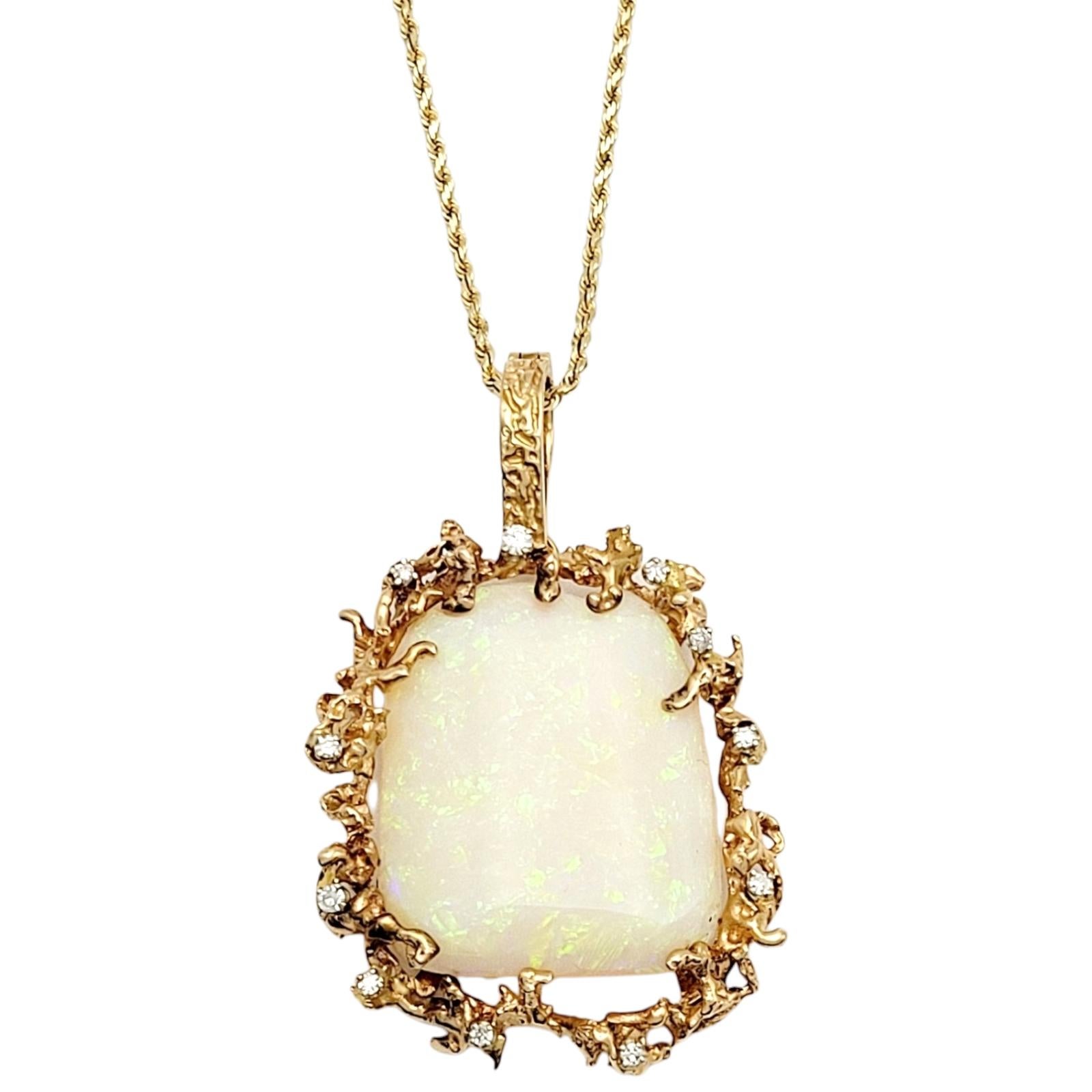 Extra Large White Opal & Scattered Diamond Pendant in 14 Karat Yellow Gold For Sale 4