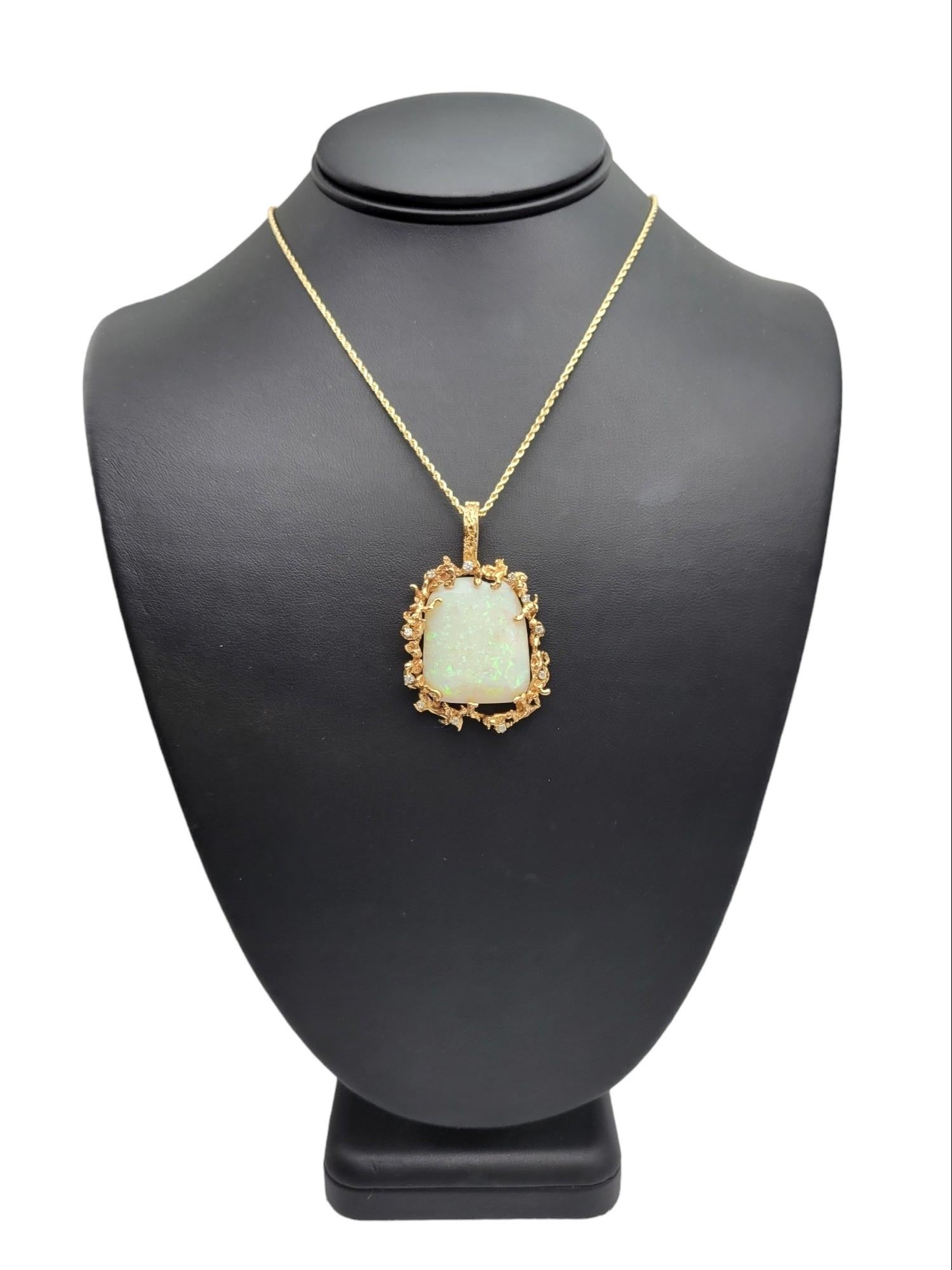 Extra Large White Opal & Scattered Diamond Pendant in 14 Karat Yellow Gold For Sale 5
