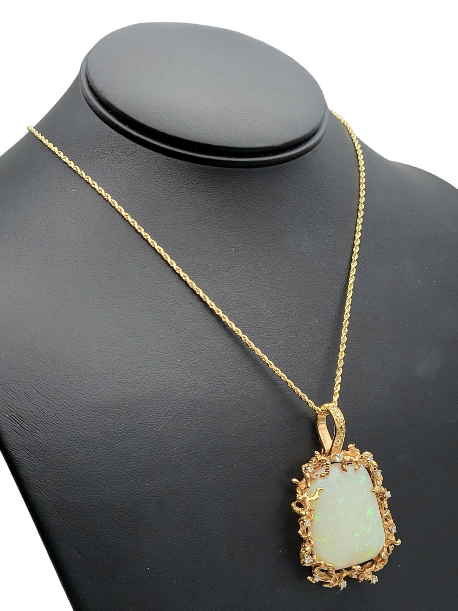 Extra Large White Opal & Scattered Diamond Pendant in 14 Karat Yellow Gold For Sale 6