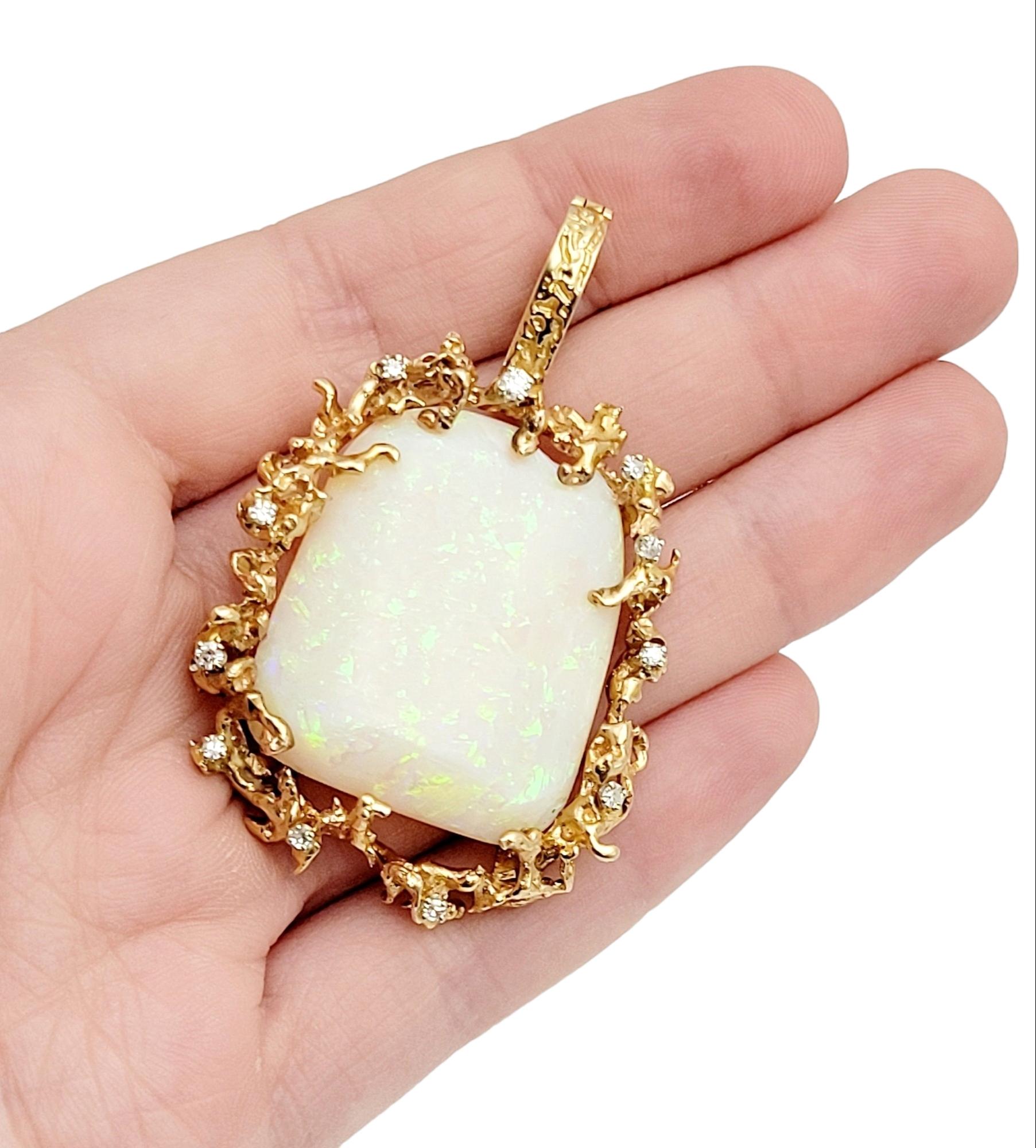 Extra Large White Opal & Scattered Diamond Pendant in 14 Karat Yellow Gold For Sale 7