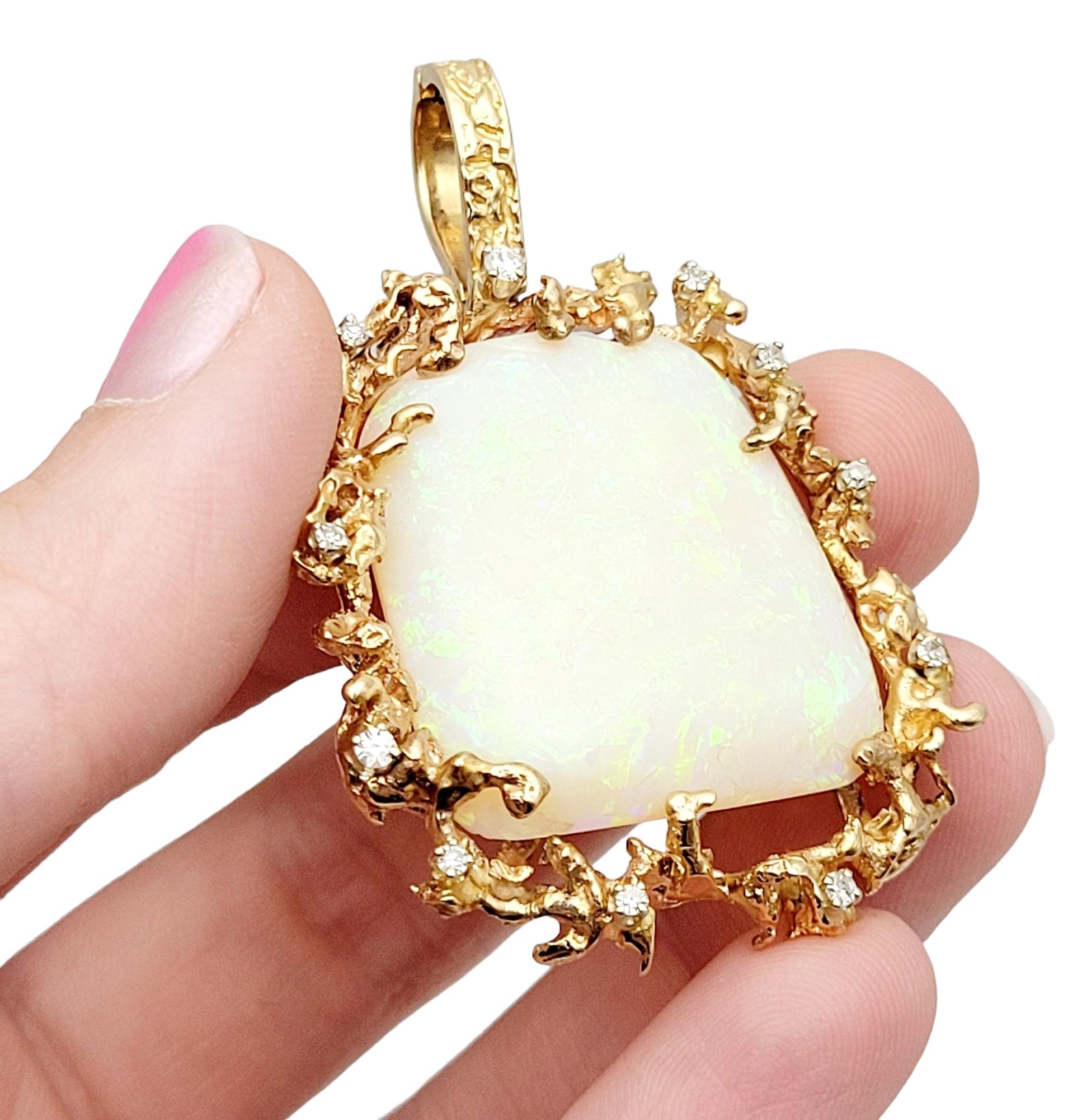 Extra Large White Opal & Scattered Diamond Pendant in 14 Karat Yellow Gold For Sale 8