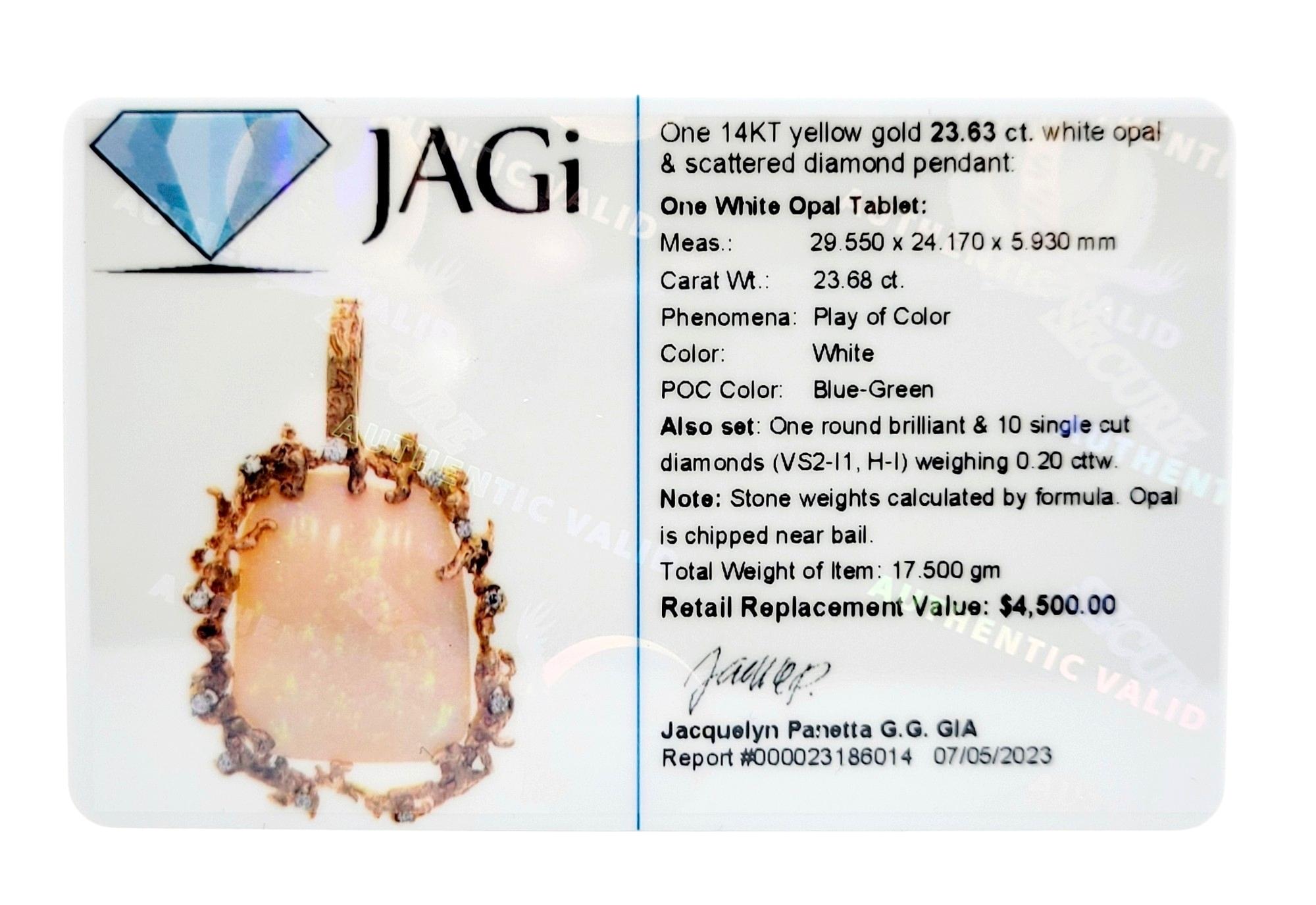 Extra Large White Opal & Scattered Diamond Pendant in 14 Karat Yellow Gold For Sale 10