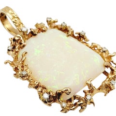 Large 23.6 Carat White Opal and Diamond Pendant in Textured 14 Karat Yellow Gold
