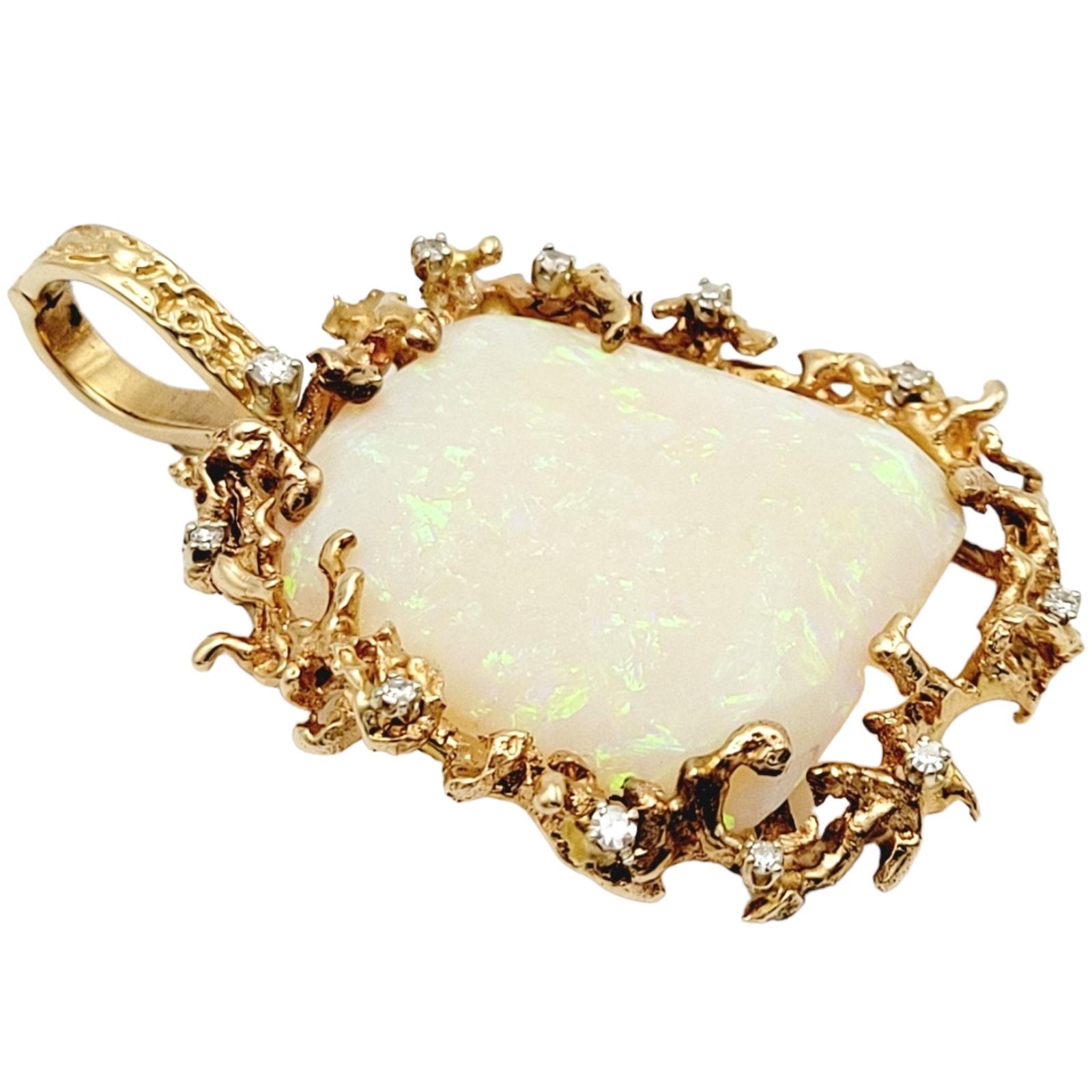 Contemporary Extra Large White Opal & Scattered Diamond Pendant in 14 Karat Yellow Gold For Sale