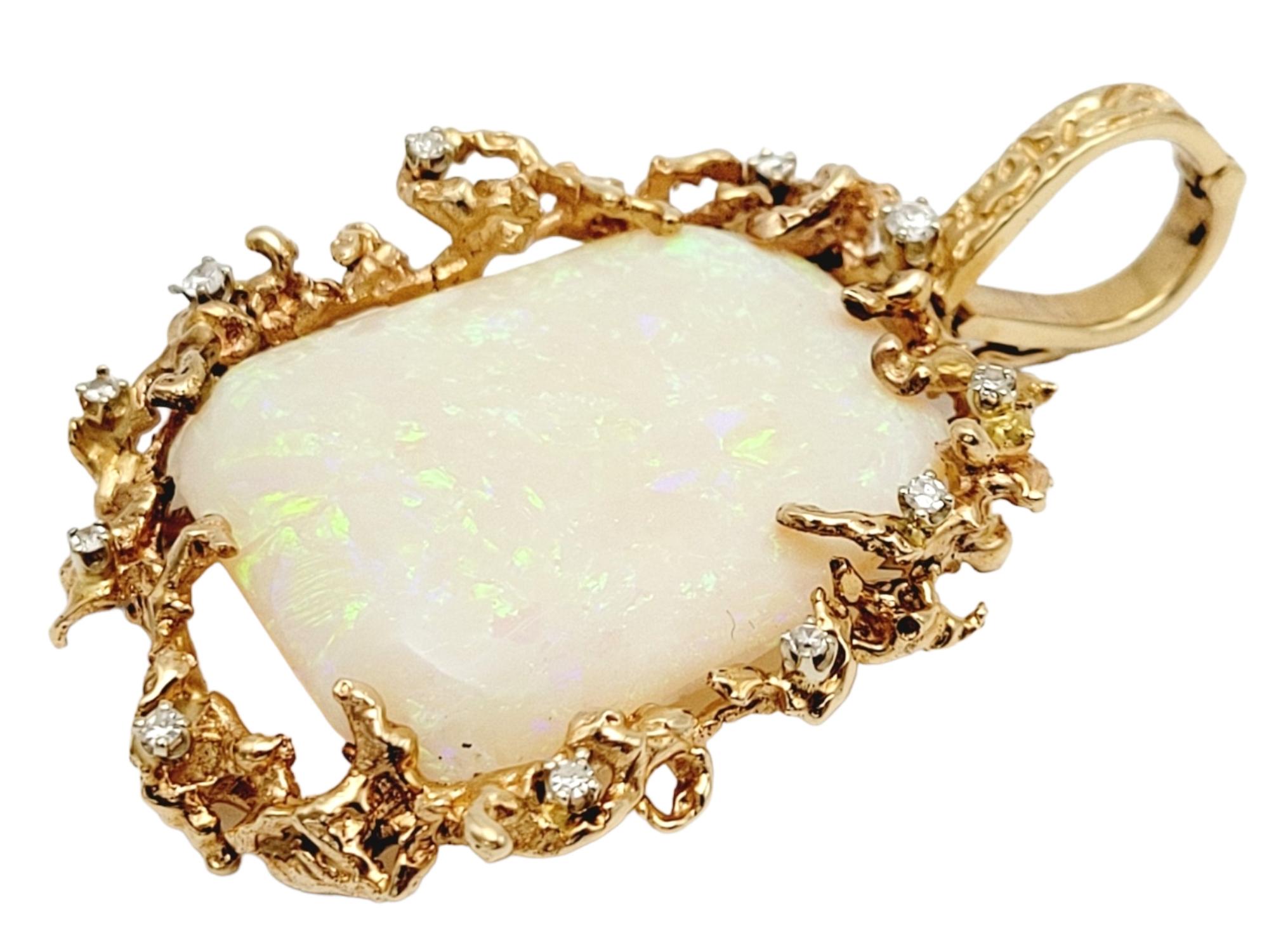 Single Cut Extra Large White Opal & Scattered Diamond Pendant in 14 Karat Yellow Gold For Sale