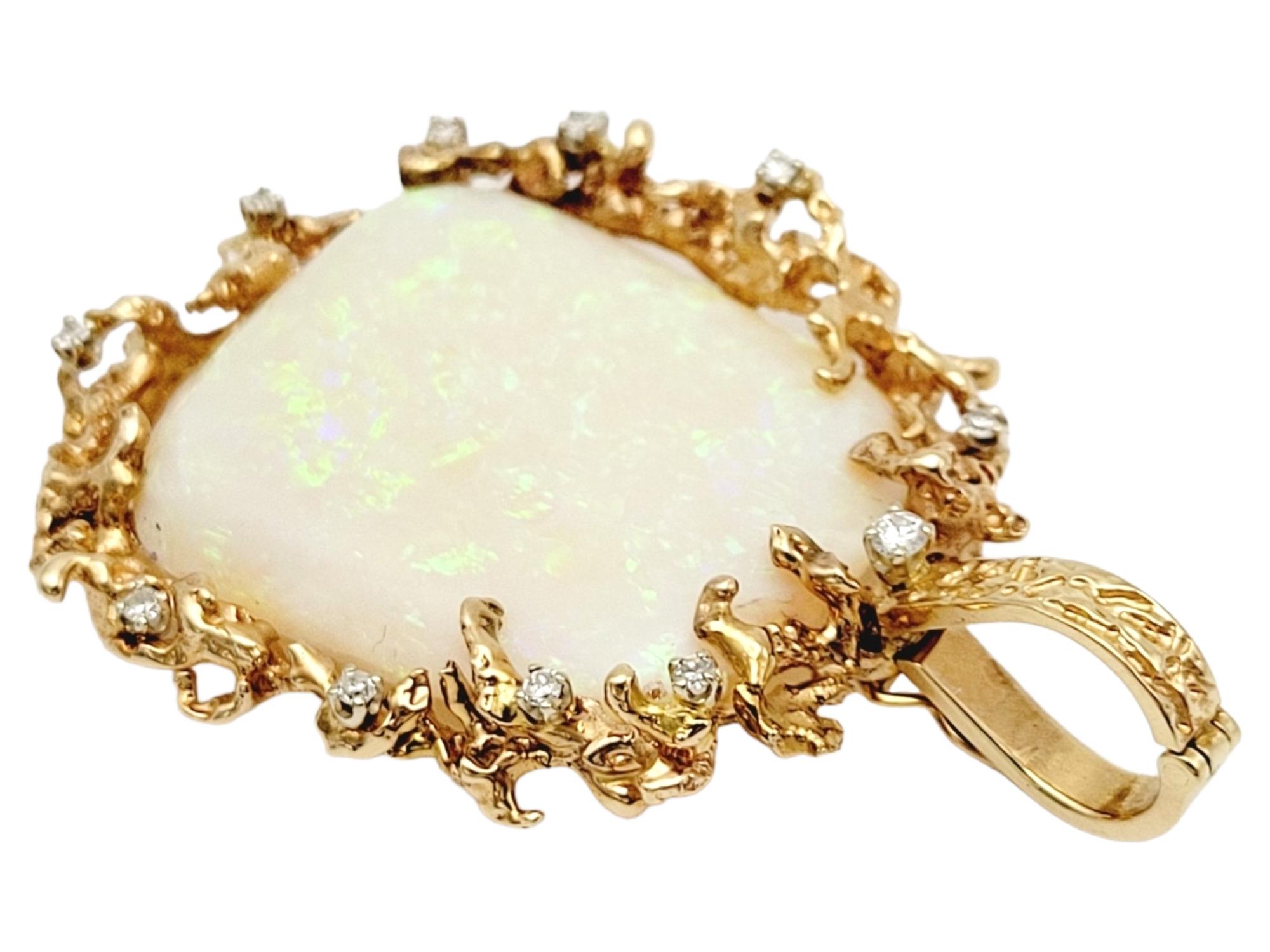 Extra Large White Opal & Scattered Diamond Pendant in 14 Karat Yellow Gold In Good Condition For Sale In Scottsdale, AZ