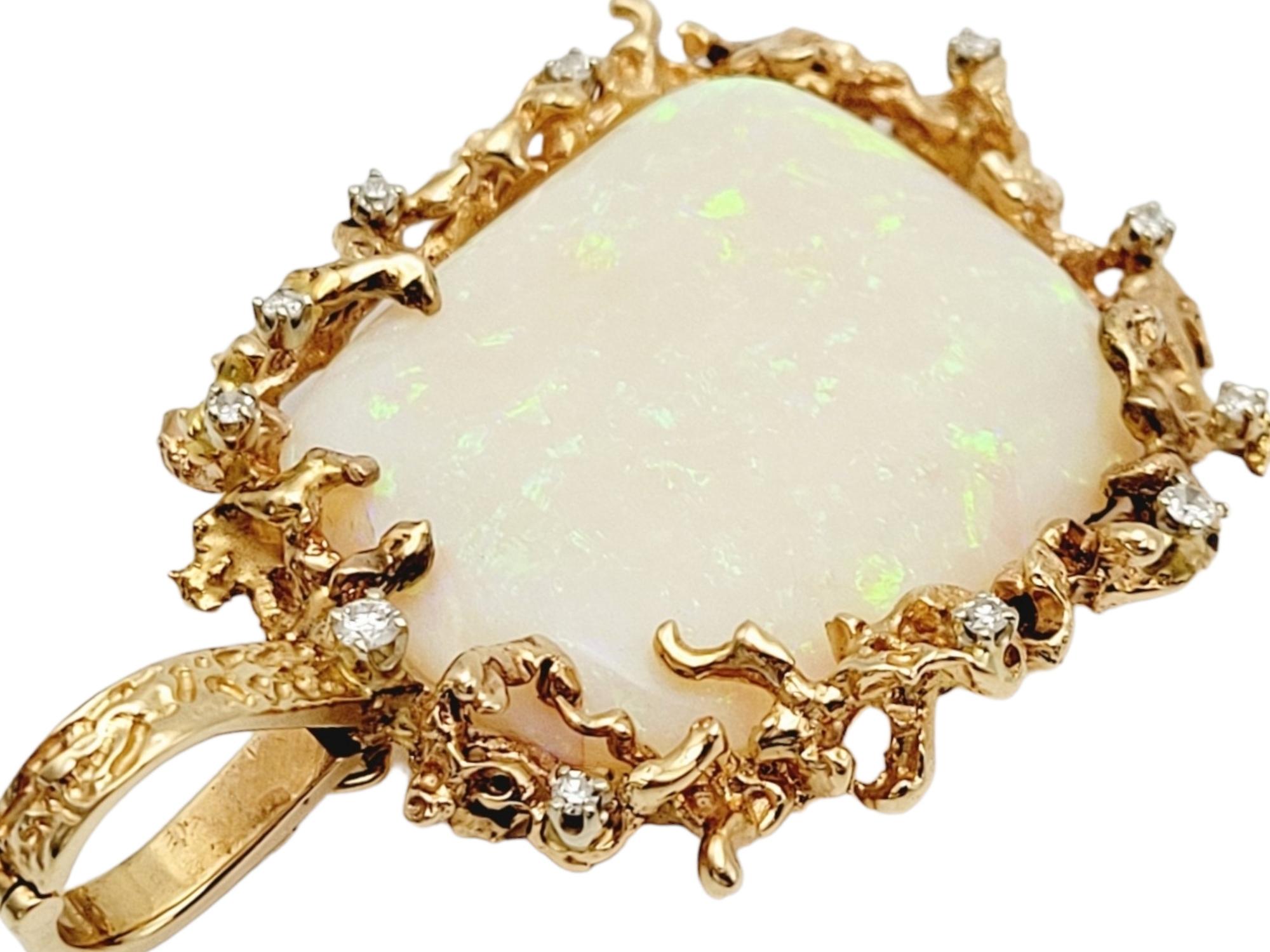 Women's Extra Large White Opal & Scattered Diamond Pendant in 14 Karat Yellow Gold For Sale