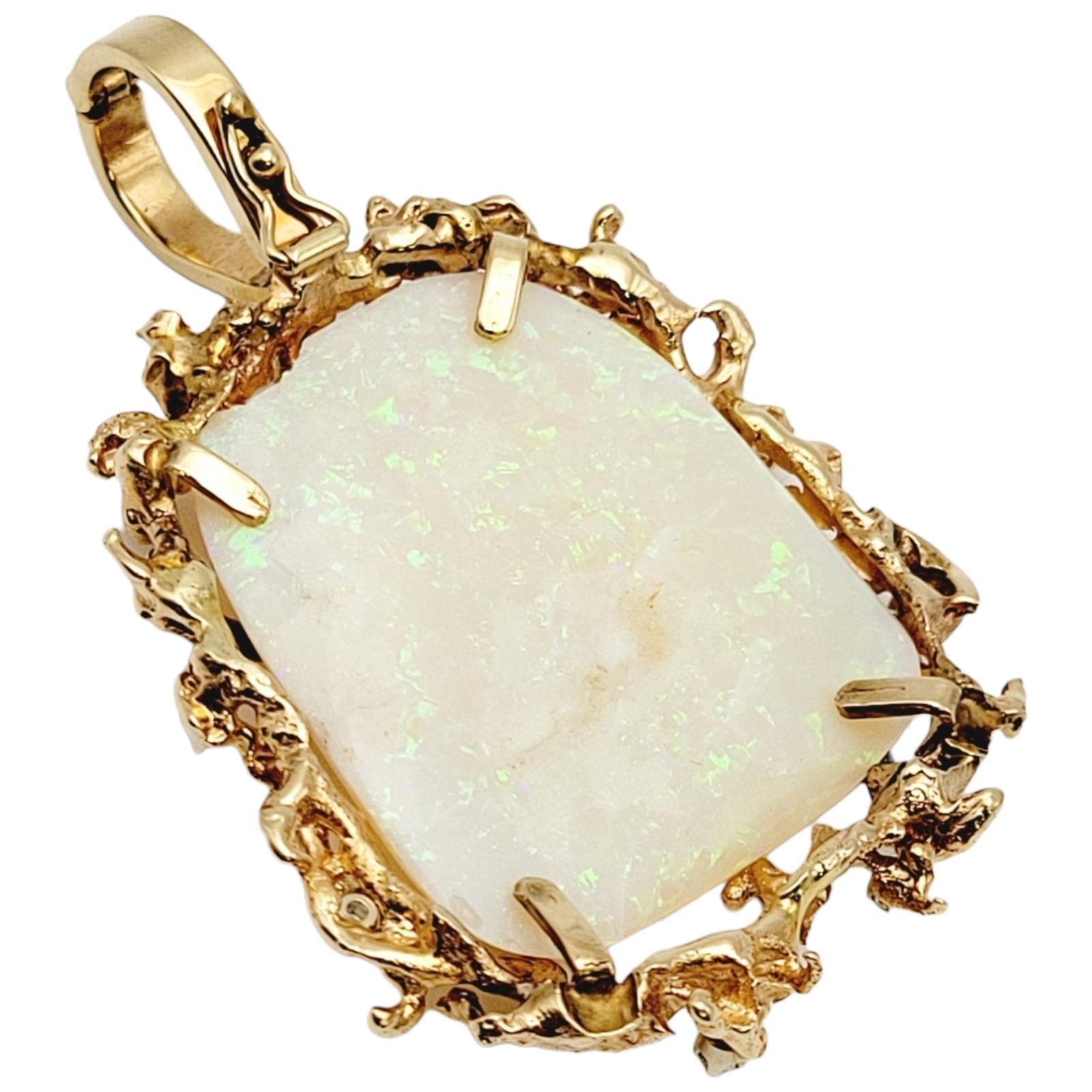 Extra Large White Opal & Scattered Diamond Pendant in 14 Karat Yellow Gold For Sale 1