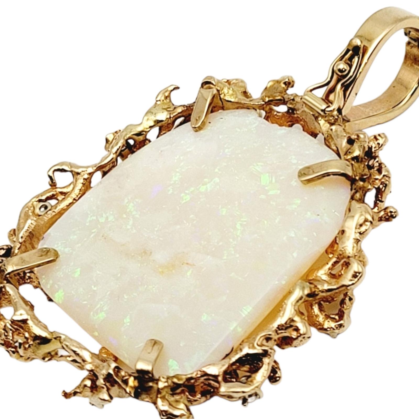 Extra Large White Opal & Scattered Diamond Pendant in 14 Karat Yellow Gold For Sale 2