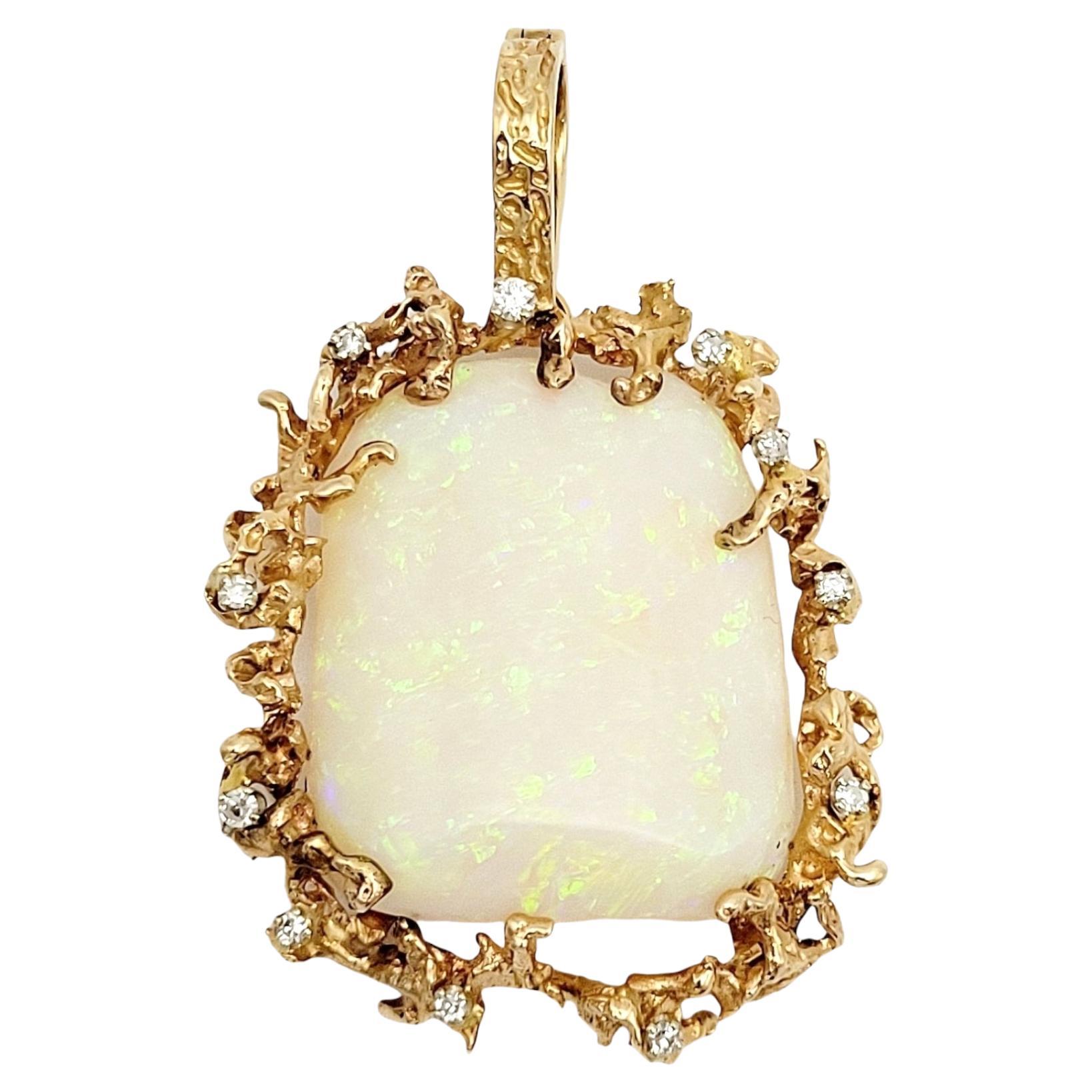 Extra Large White Opal & Scattered Diamond Pendant in 14 Karat Yellow Gold For Sale