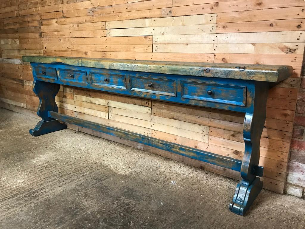 Extra large wooden Dutch 5 drawer console table super patina and colour

Measures: Width 108 inch, H37 inch, D16 inch
W 270cm, D 40cm, H 92cm.

  