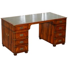 Extra Leg Room Gorgeous Yew Wood with Green Leather Top Military Campaign Desk