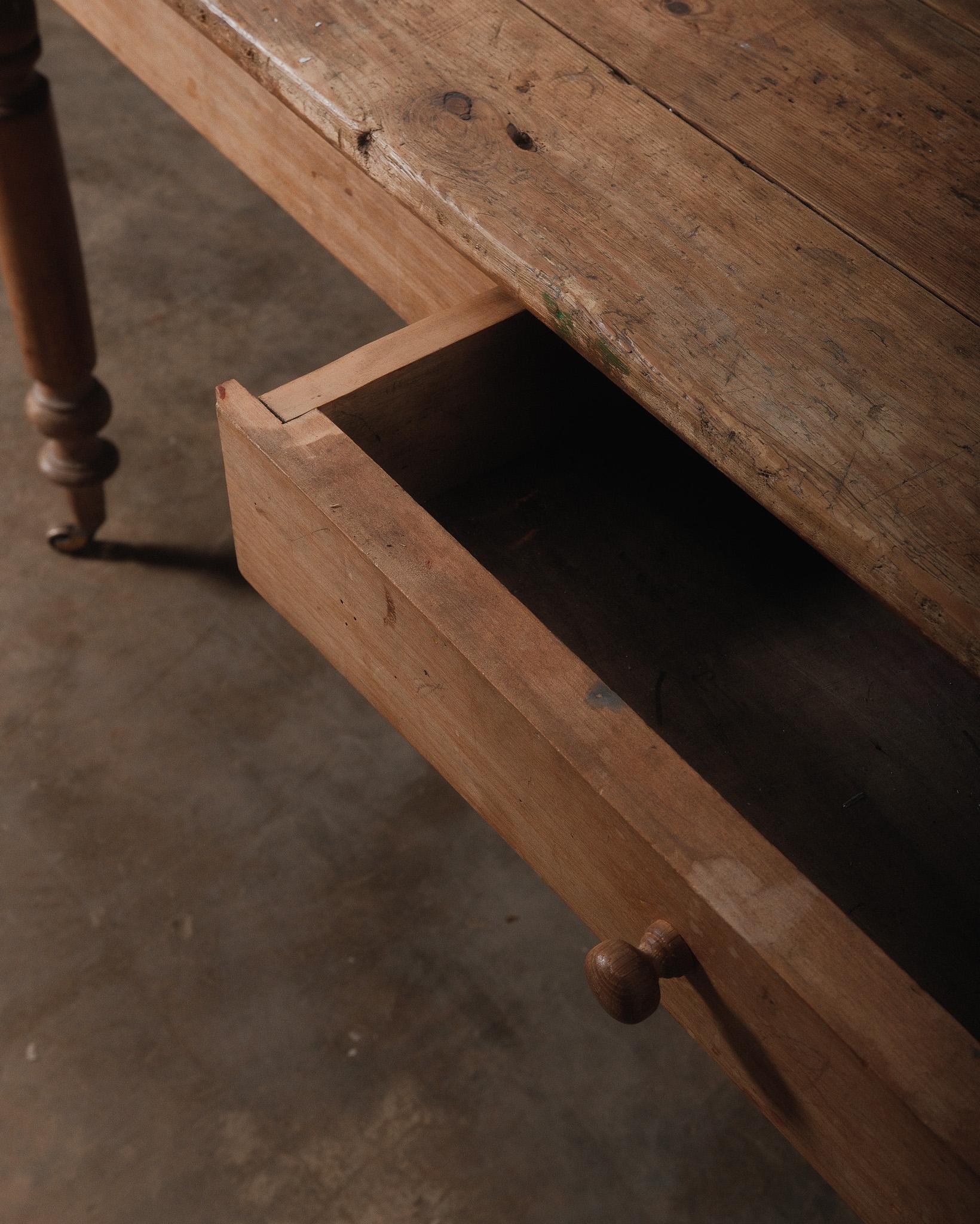 Wood Extra-Long 19th Century French Pine Farmhouse Table with Drawers and Casters For Sale