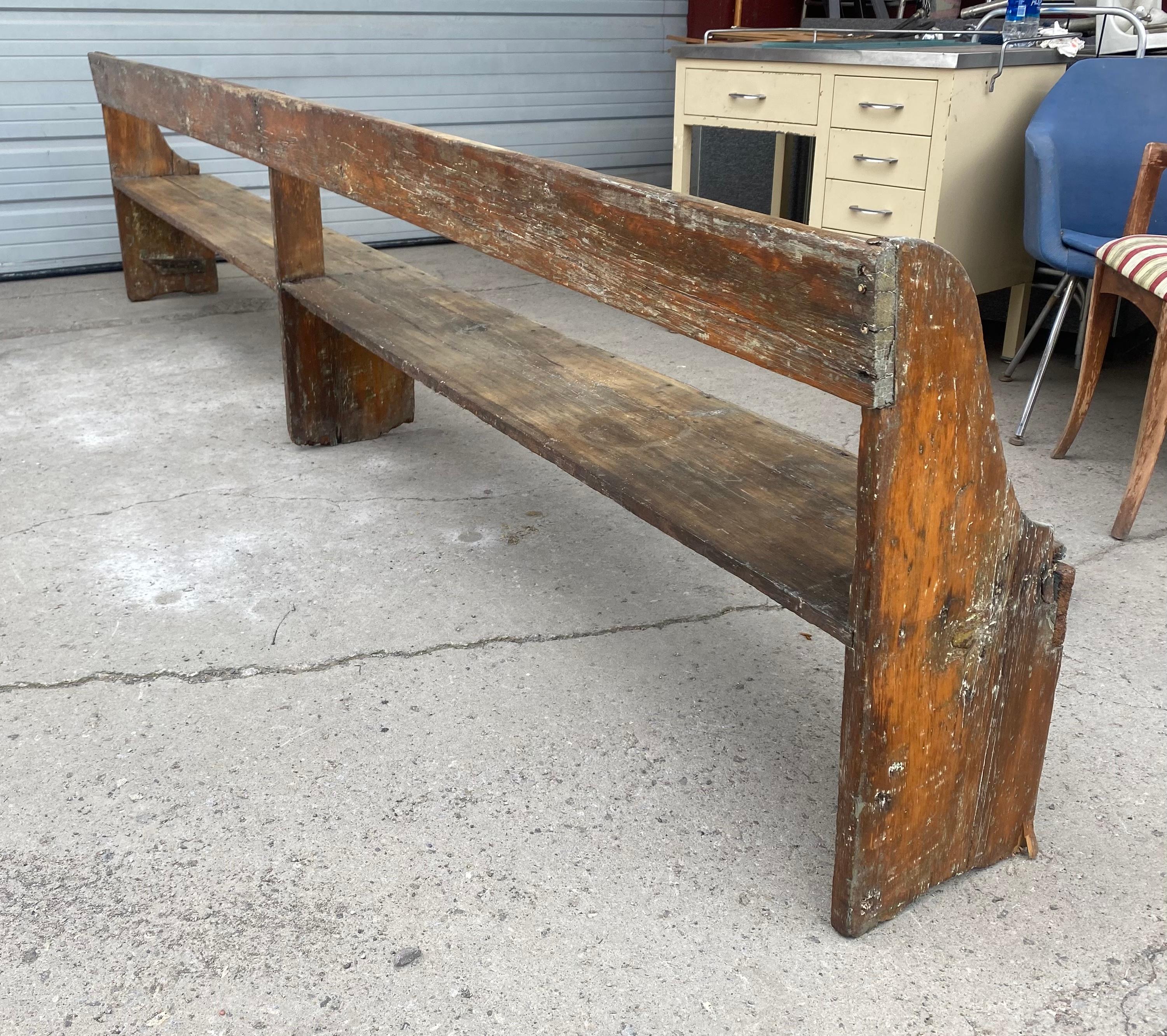 Early to mid 1800's single plank primitive bench,, refinished long .long time ago.. Wonderful old worn patina , finish.. would make a great pottery or plant stand.garden? Record albums,,,Perfect for loft warehouse, restaurant waiting seating.