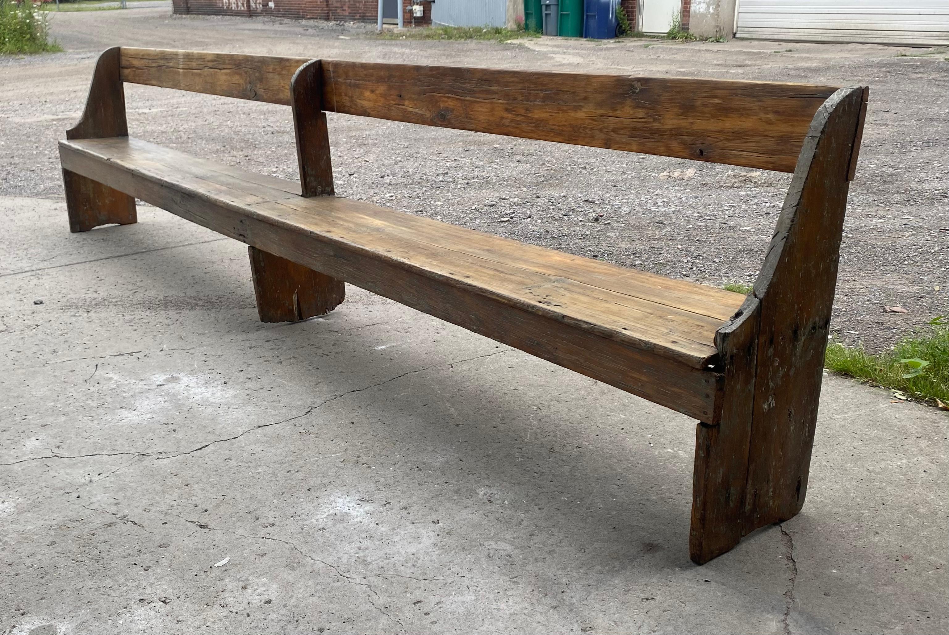 Extra long 19th Century single plank primitive bench, over 11 foot long. 1