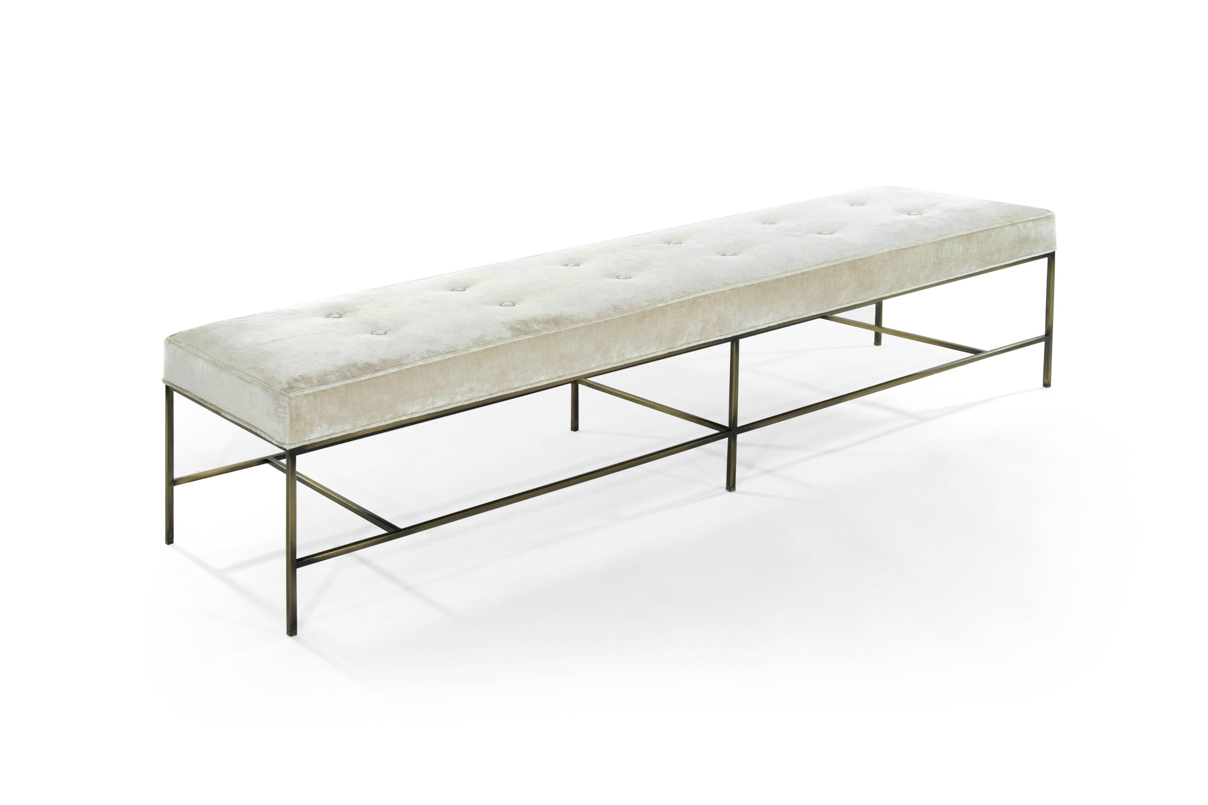 The Architectural Bench is light and angular with impeccable lines. The extra-long cushion upholstered in a neutral chenille is uplifted with a bronze frame. Paul McCobb’s design influence shines through with masterful minimalism. Slender legs and