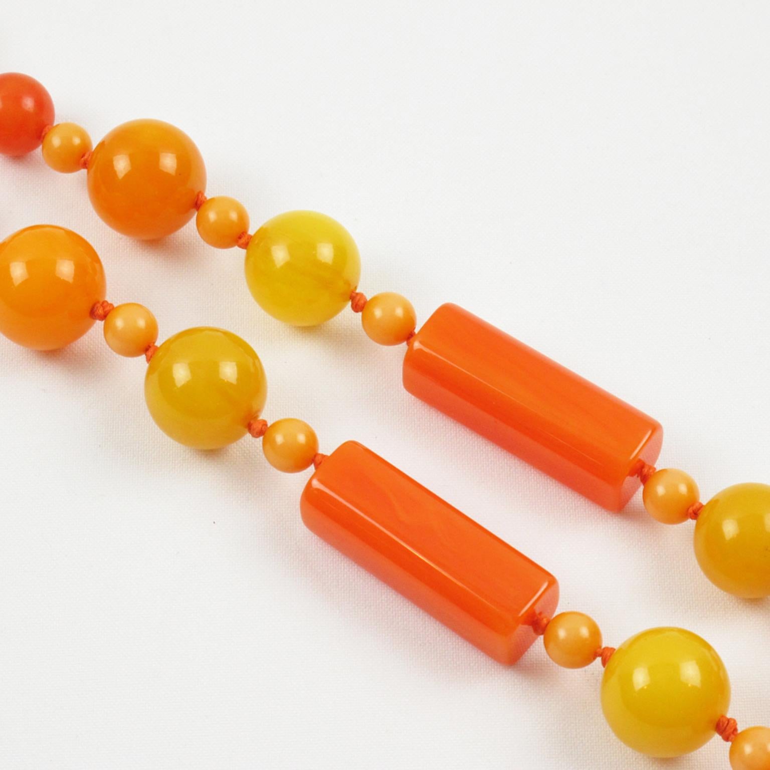 Extra Long Bakelite Necklace Sunny Summer Colors Marble Beads In Excellent Condition In Atlanta, GA