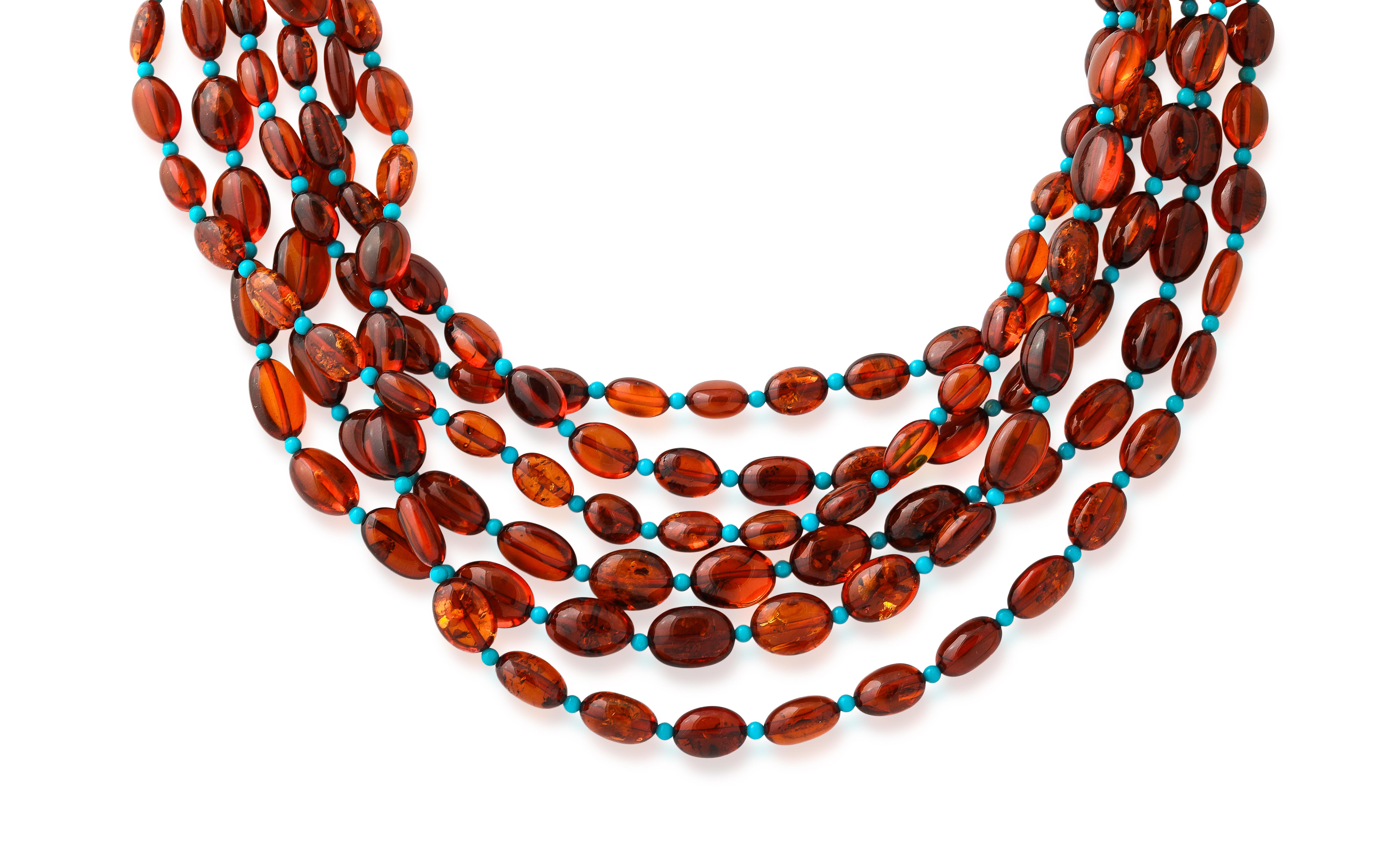 Contemporaneo Collana extra lunga in ambra baltica e turchese in vendita