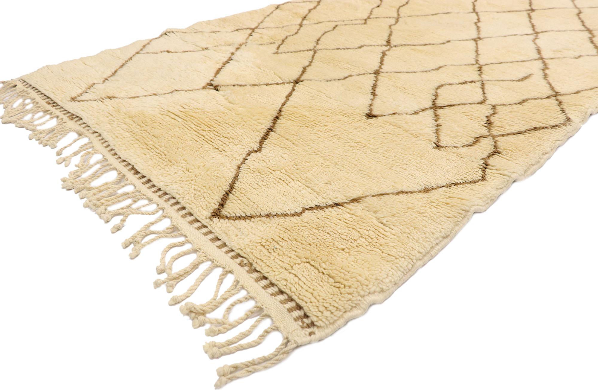 20736 Extra Long Berber Moroccan Shag Hallway Runner with Modernist Style 04'00 x 19'04.  This hand knotted wool contemporary Berber Moroccan shag hallway runner features contrasting brown lines running the length of the creamy-beige backdrop. The