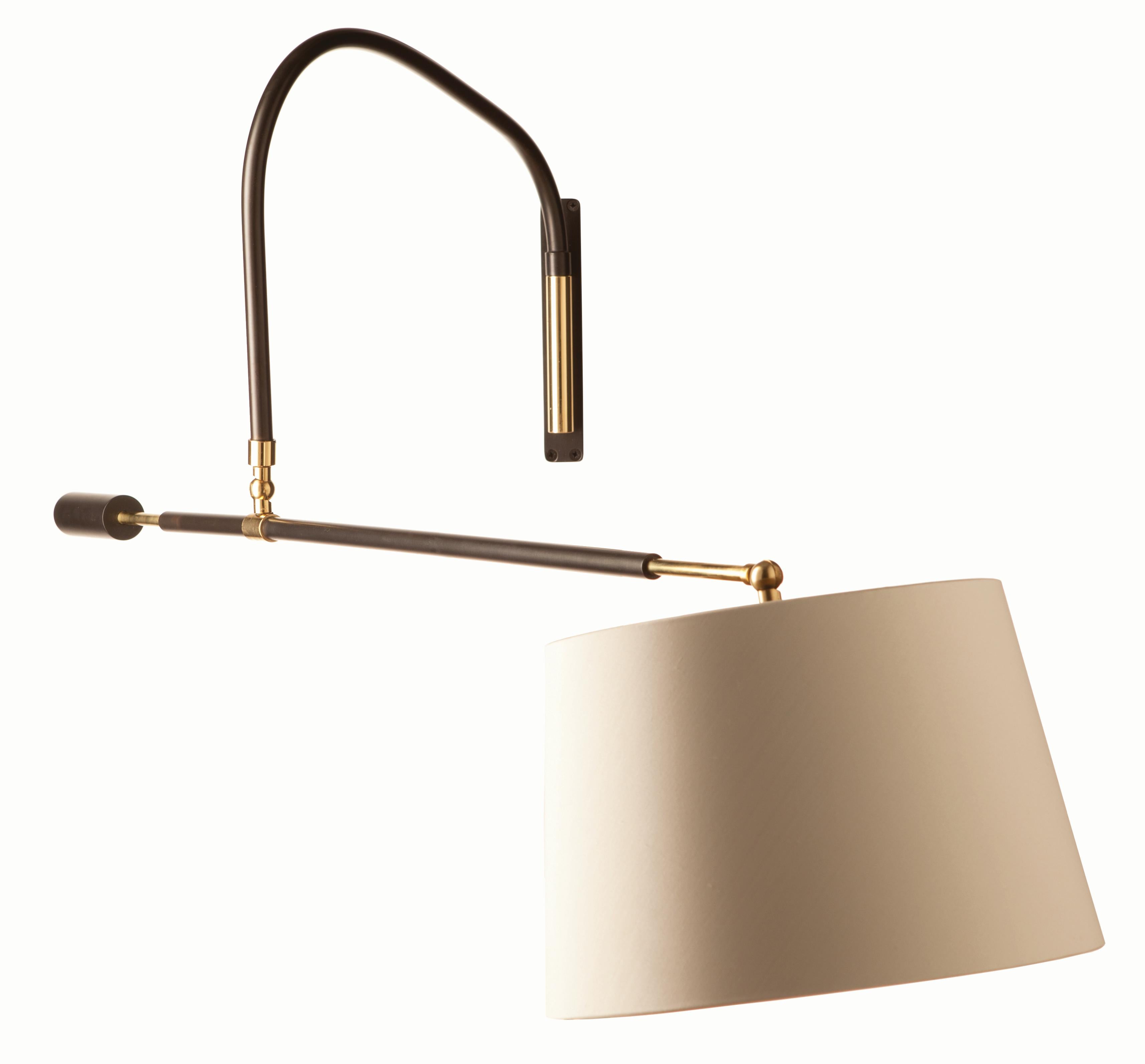 Spanish Extra Long cantilevered Swing Arm wall sconce with Silk Shade by Martinez y Orts For Sale