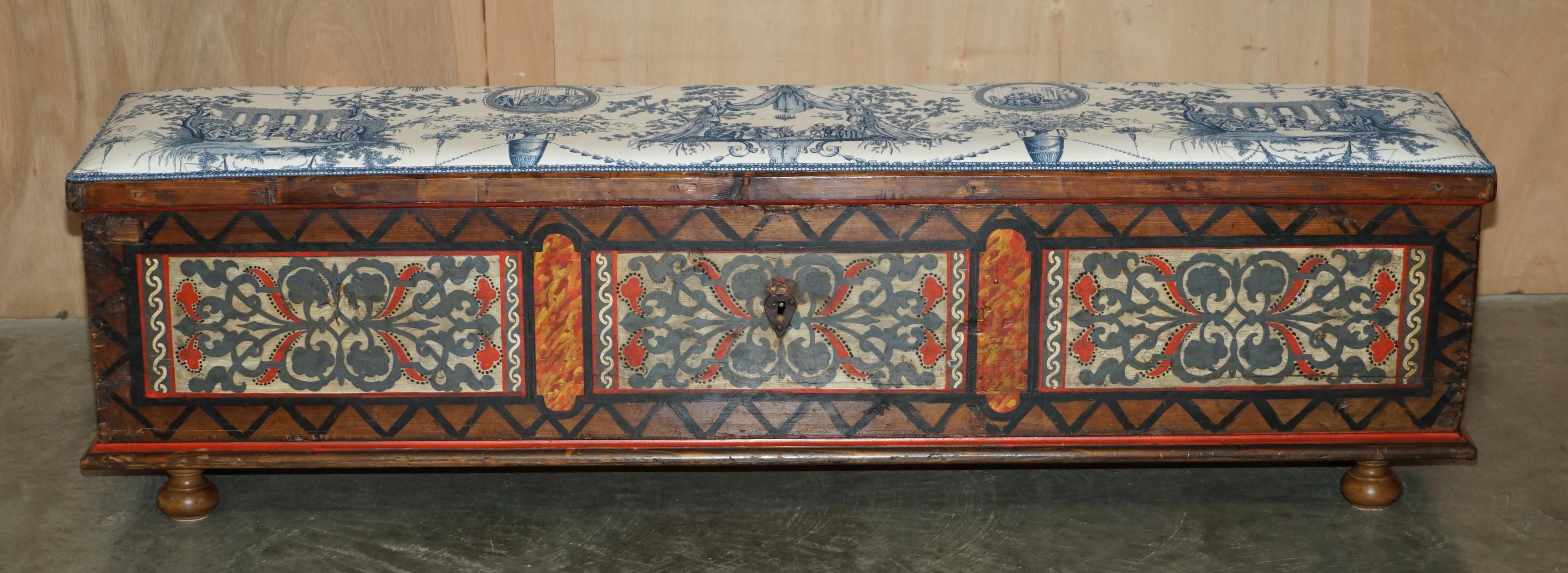 Early Victorian EXTRA LONG CIRCA 1840 HAND PAiNTED COFFER TRUNK CHEST USED AS HALL BENCH SEATING For Sale