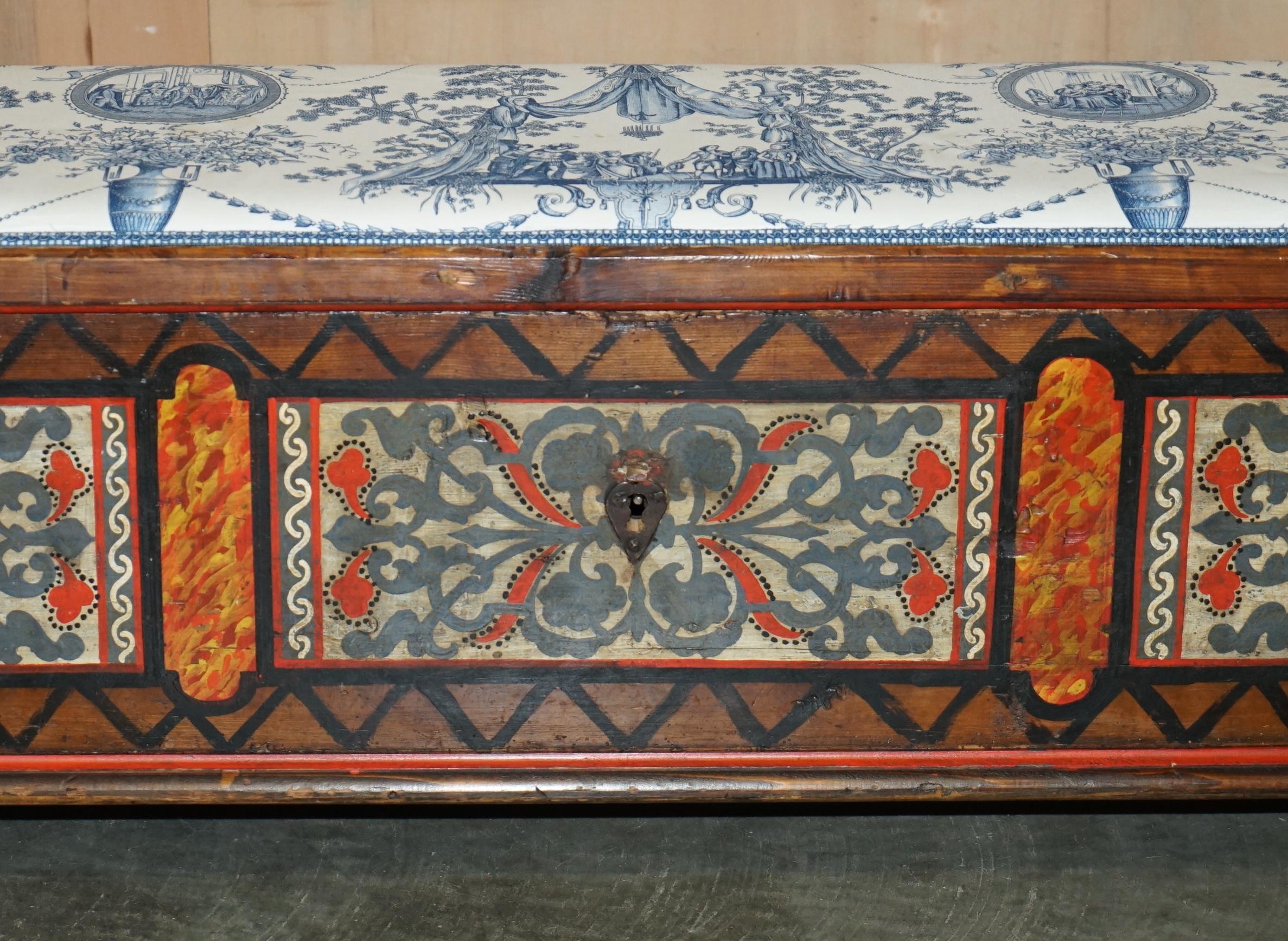 Hand-Crafted EXTRA LONG CIRCA 1840 HAND PAiNTED COFFER TRUNK CHEST USED AS HALL BENCH SEATING For Sale
