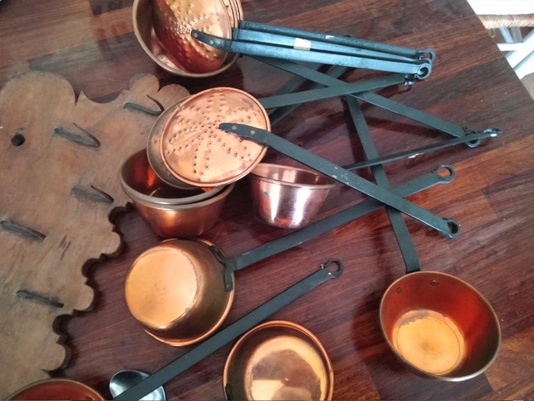 Copper Wrought Iron Saucepans and Skimmers and Antique Sausage Hanger