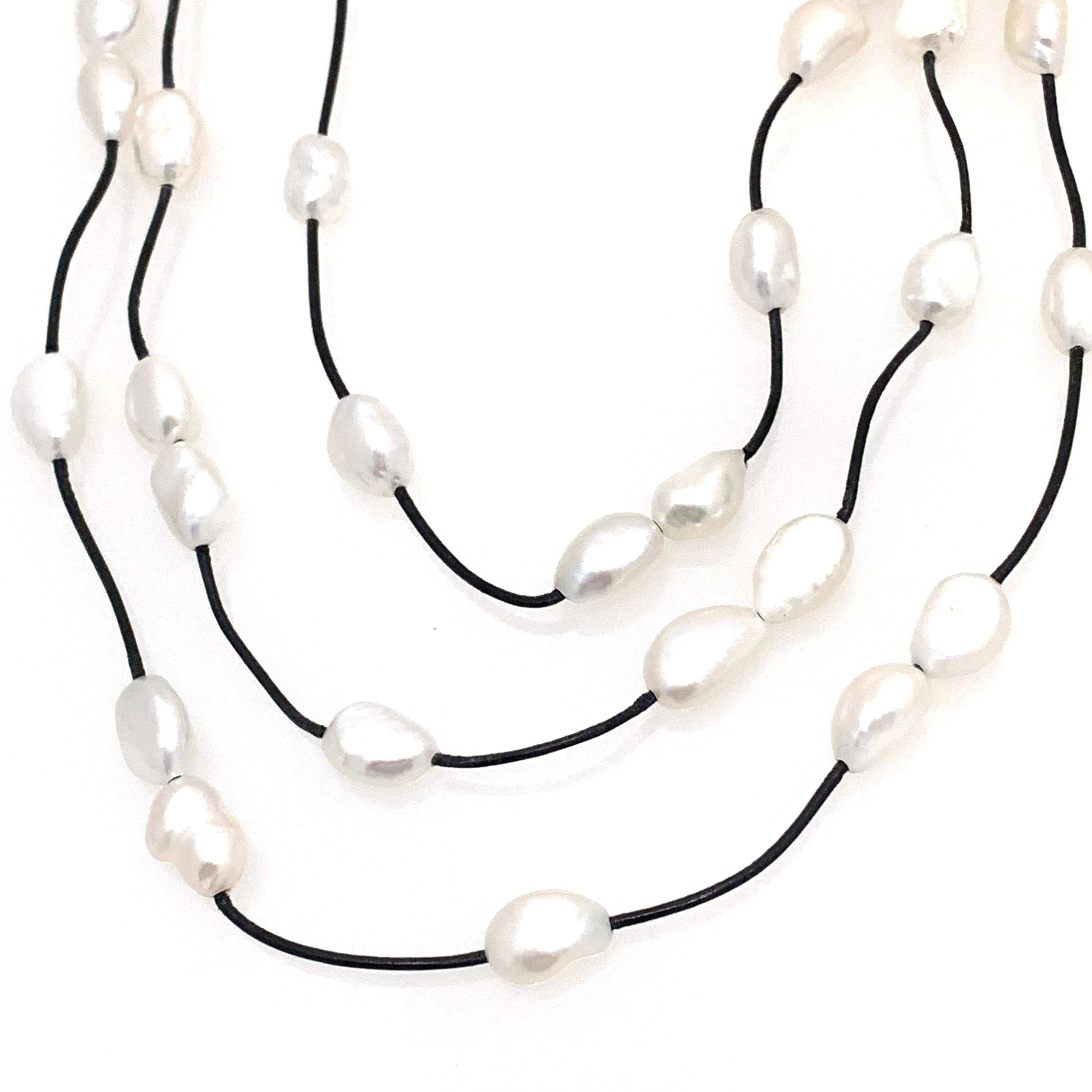 Uncut Extra Long Cultured Pearl on Leather Necklace